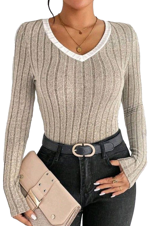 Women's Sweater Casual V Neck Ribbed Knit Contrast Trim Long Sleeve Slim Fit Tee Shirts Tops