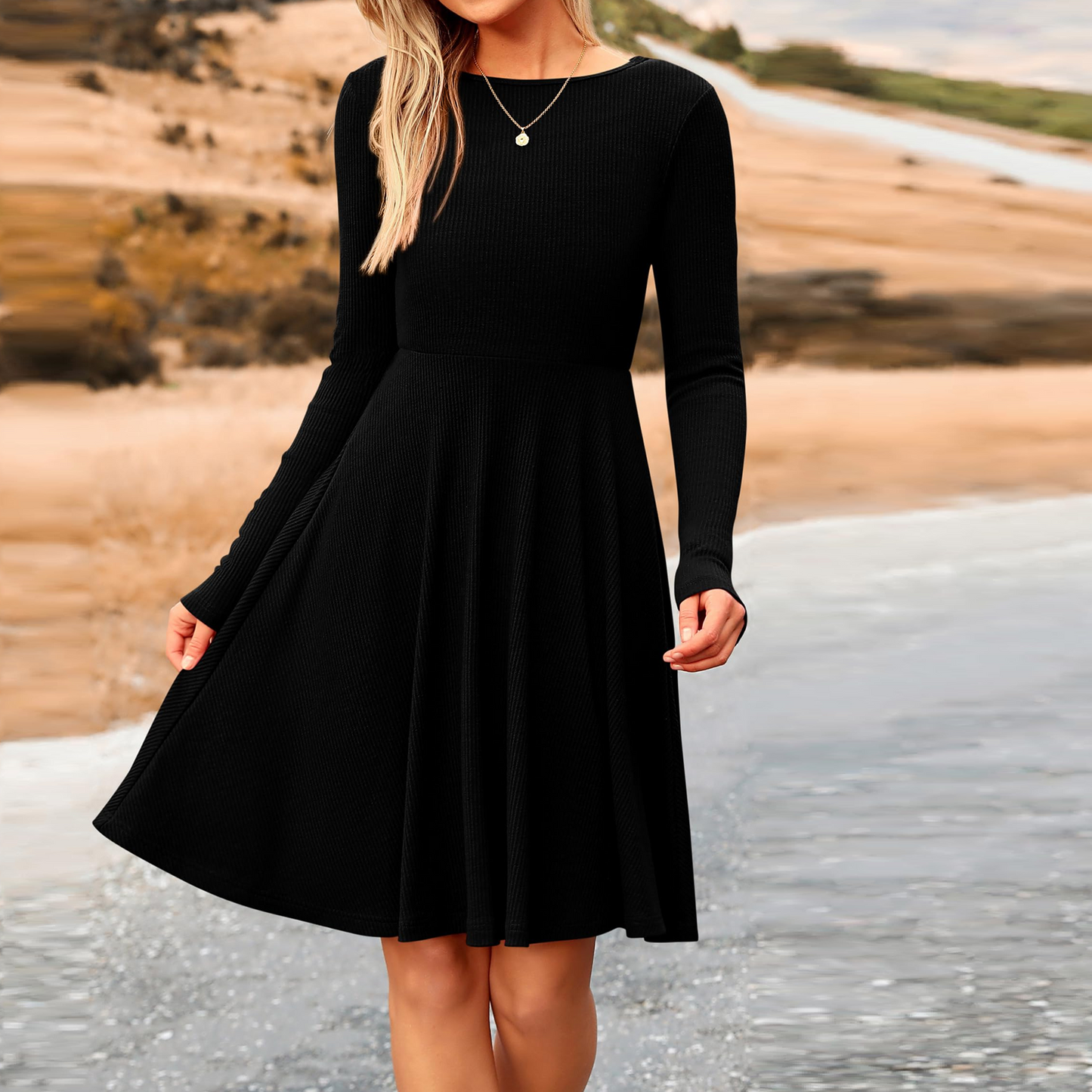 MLDRA Dress for Women Casual Long Sleeve Ribbed Knit A-Line Flowy Fall Winter Sweater Dress, Crewneck Elegant Going Out Dresses for Women 2025