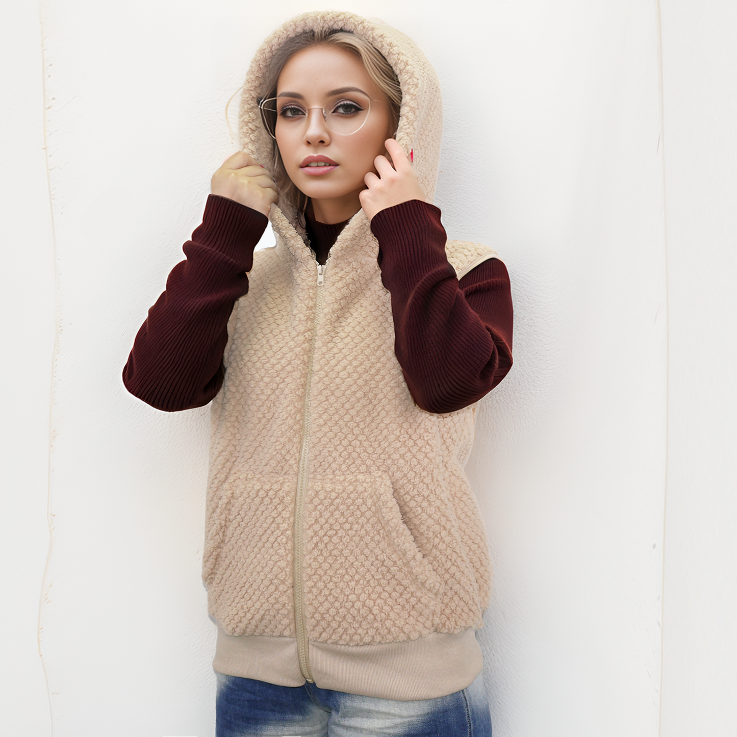 Womens Vest Sherpa Jacket Cardigan Fuzzy Fleece Cardigan Furry Sleeveless Top with Zipper Pockets Warm Cozy Gilet Outerwear