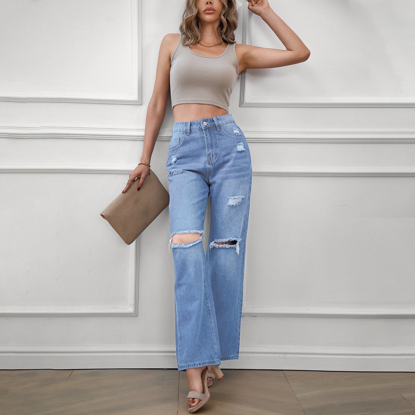 Womens Jeans Ripped Denim Pants Wide Leg Baggy Boyfriend Streetwear Long Denim Trousers