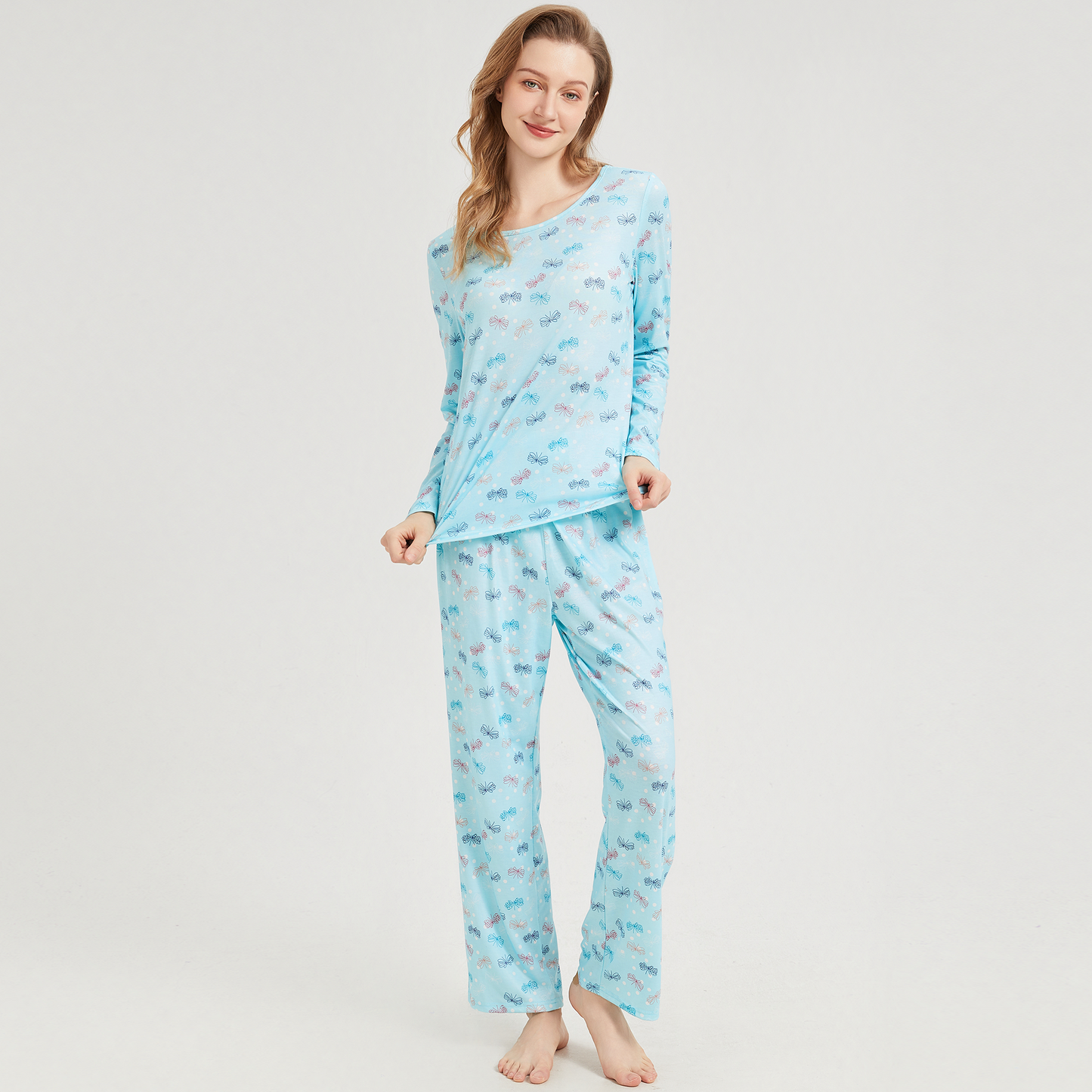 Womens Pajamas Set Long Sleeve Pjs Crew Neck Lounge Wear Fall Soft 2 Piece with Long Pants Sleepwear