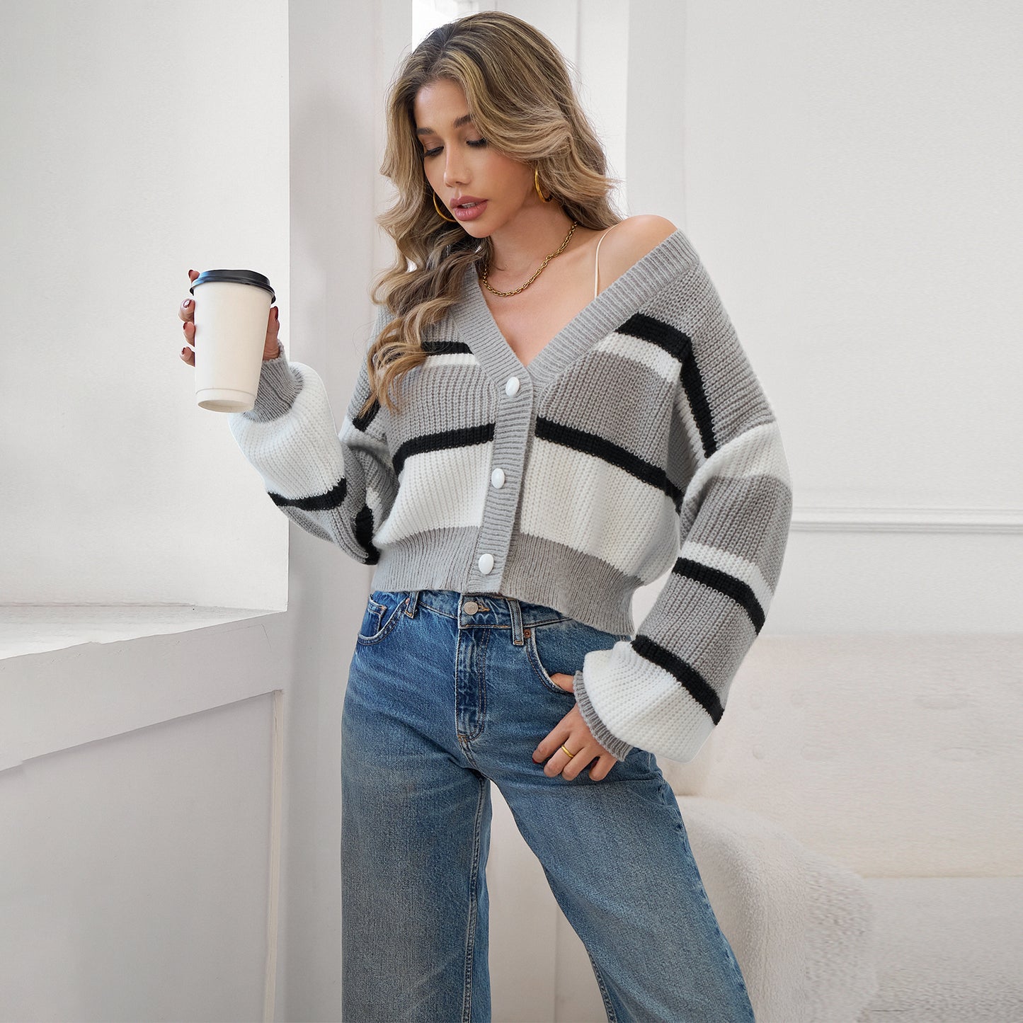 MLDRA Womens Sweaters Cardigan Knit Open Front V Neck Long Lantern Sleeve Button Down Striped Knit Coat
