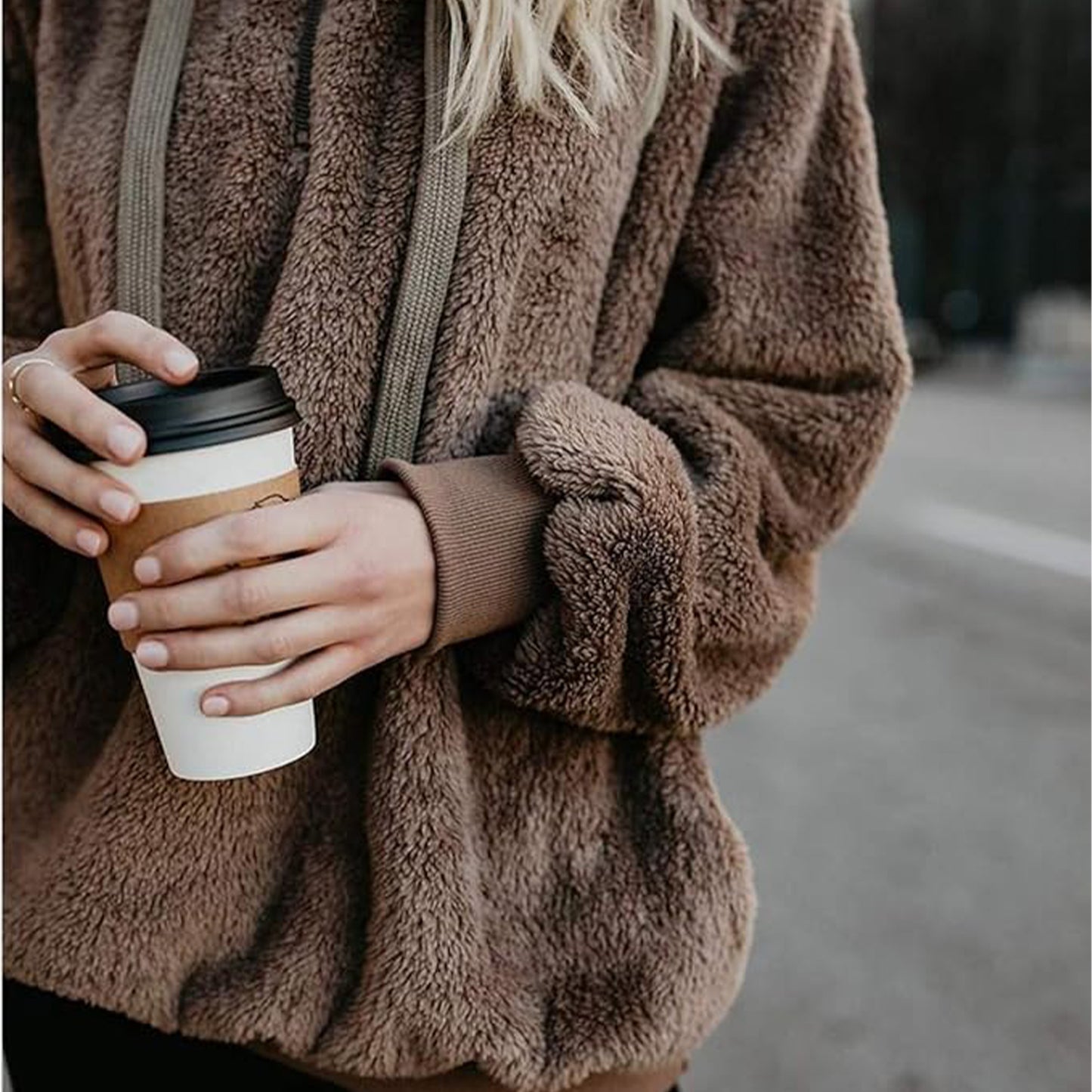 Womens Fleece Hoodie Sweatshirt Long Sleeve Solid Fall Pullover with Drawstring Pocket Faux Fur Zip Flannel Warm Casual Tops