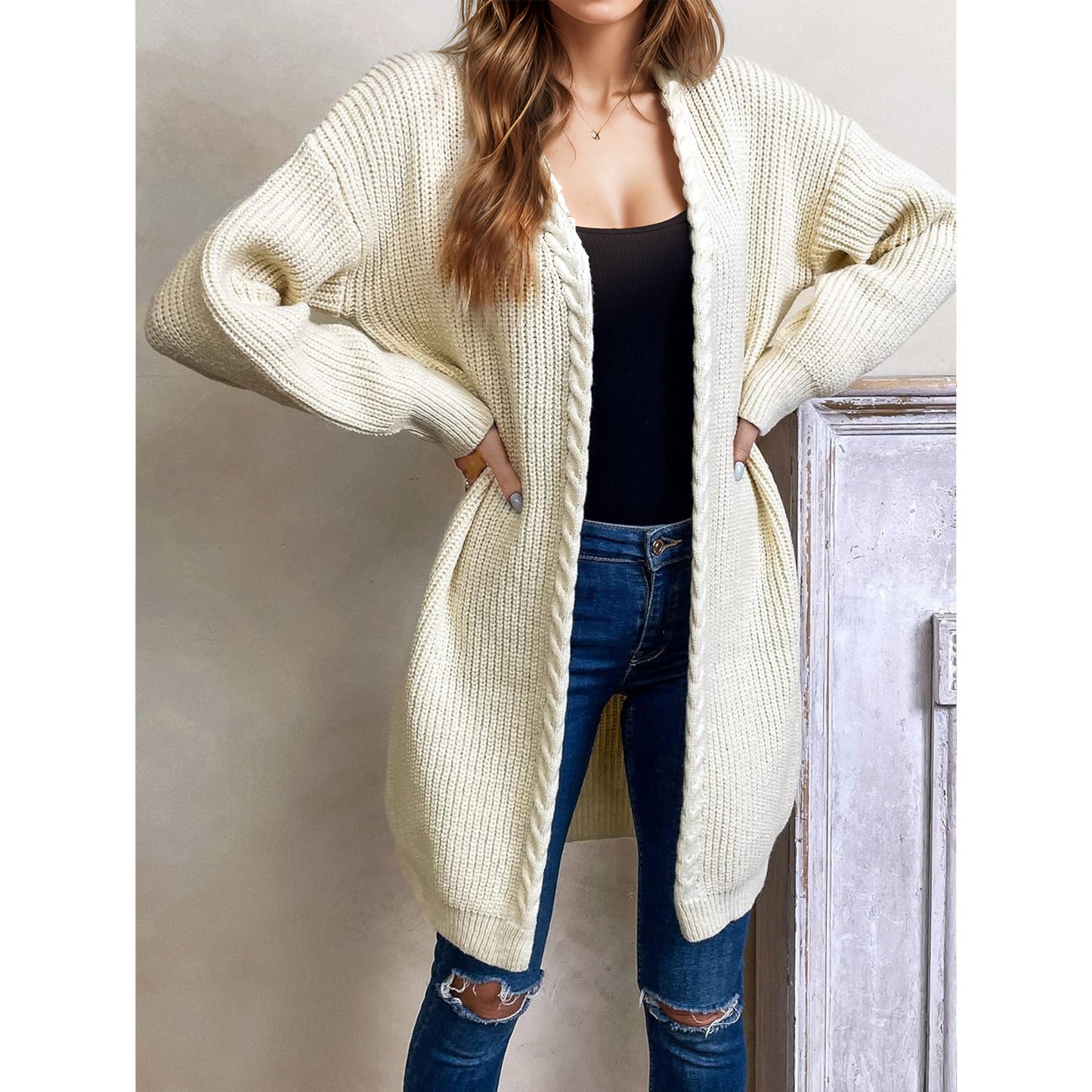 Womens Long Cardigan Sweaters Open Front White Chunky Cable Knit Duster Drop Shoulder Comfy Cardigan