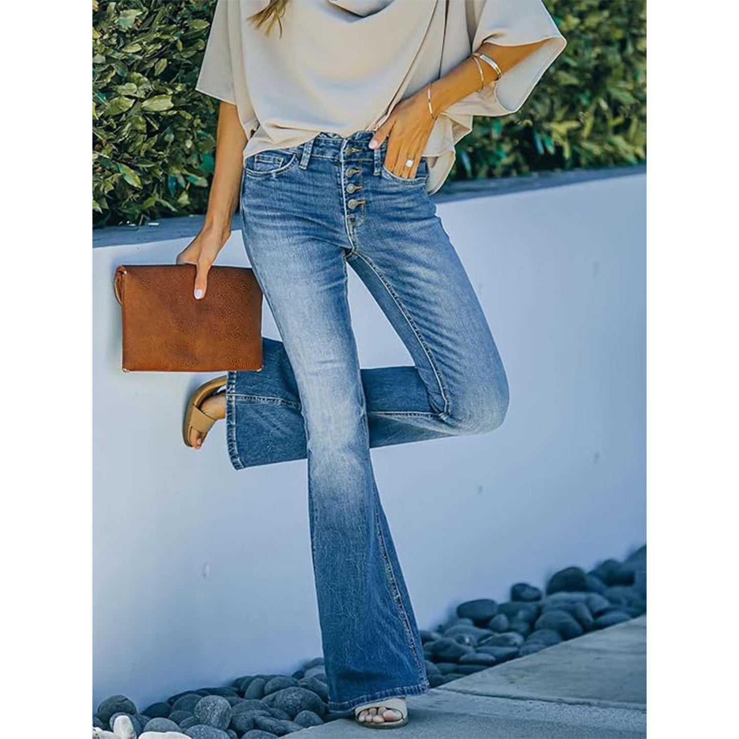 MLDRA Womens Jeans Flare Bell Bottom High Waist Bootcut Button Fly Slim Vintage Trousers Denim Pants