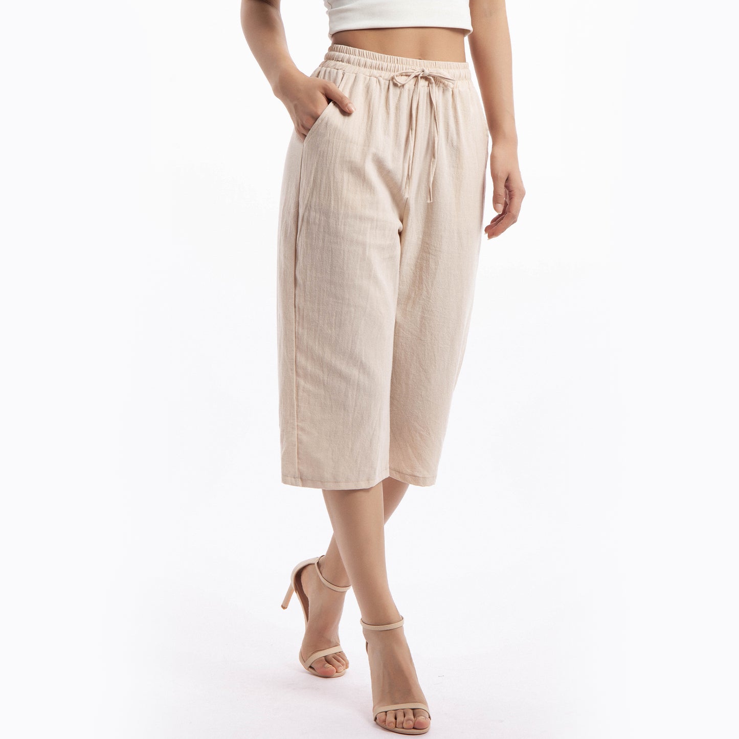 MLDRA Women’s Linen Capri Pants Cropped Wide Leg Palazzo Yoga Casual Pants Elastic Waist Loose Fit with Pockets Summer