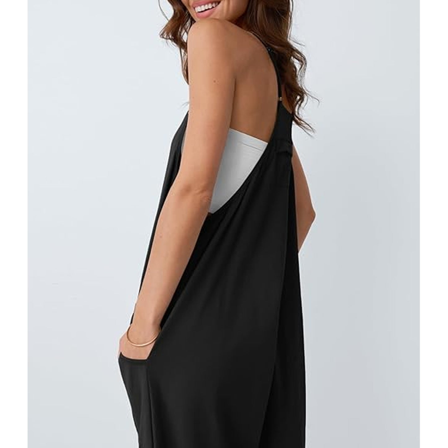 MLDRA Women’s Jumpsuits Spaghetti Strap Loose Fit Rompers with Pockets Sleeveless Overalls Onesie Jumpers for Vacation Beach Lounge Black Summer