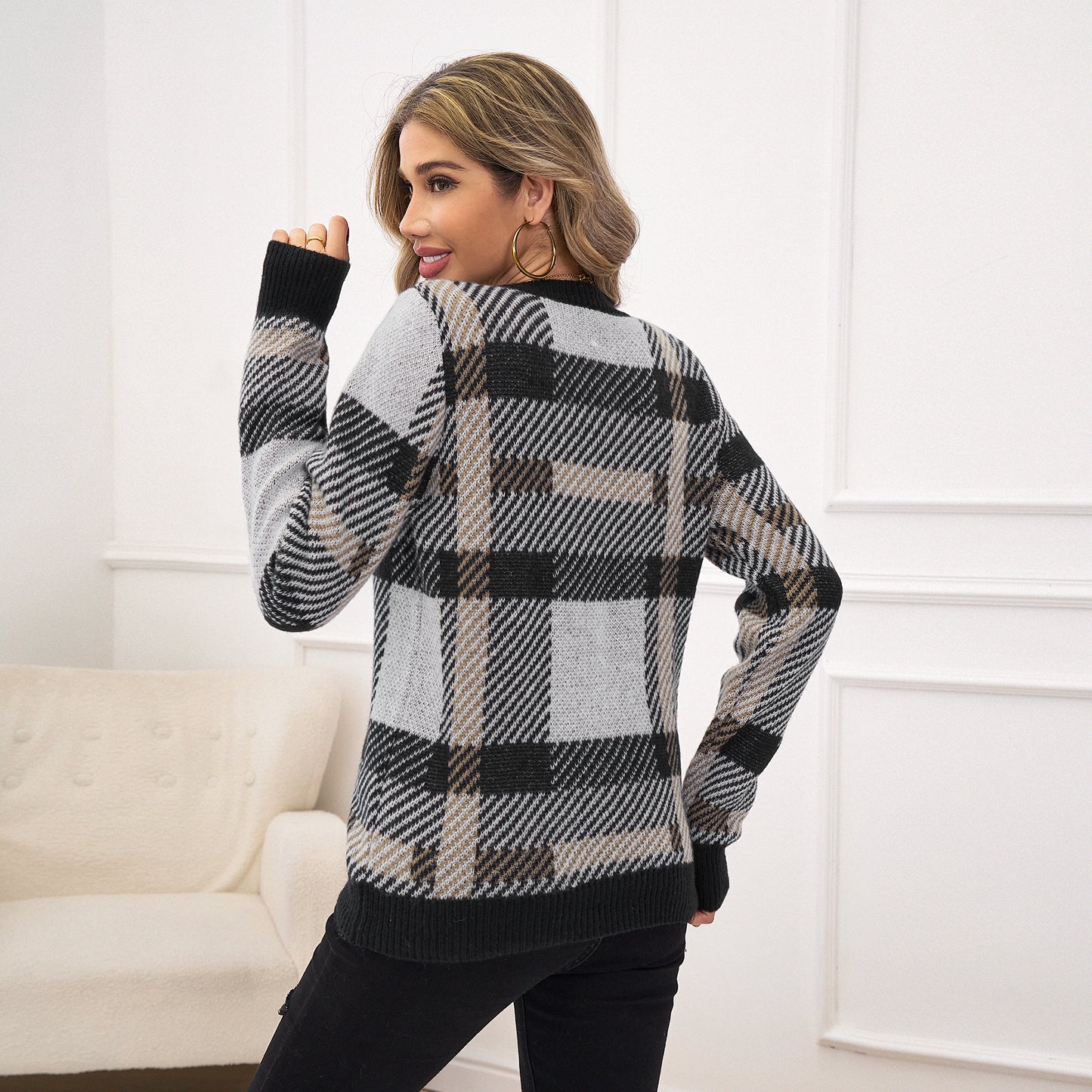 MLDRA Sweaters for Women Fall Top for Women 2024 Women's Long Sleeve Crewneck Plaid Knit Color Block Casual Pullover Top Clothes