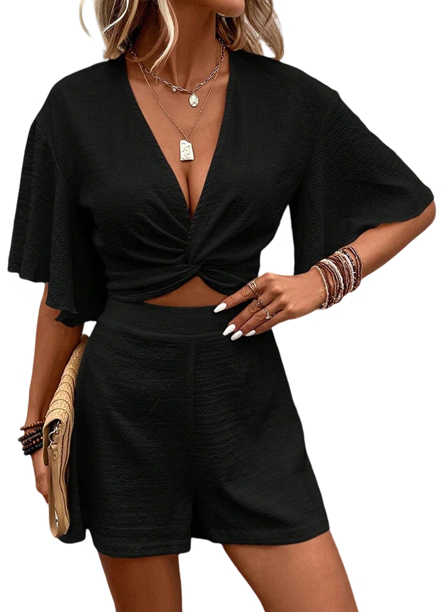 Women's 2-Piece Set Summer Suits Textured Crop Top with Twisted Knot Front Sexy V-Neck Ruffle Sleeves and High-Waisted Shorts Going Out Outfit