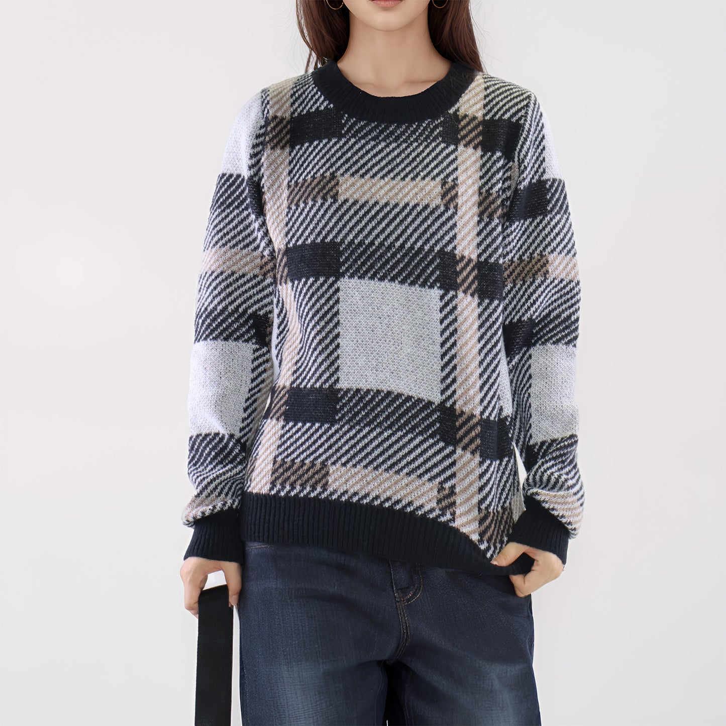 Womens Sweaters Plaid Knit Long Sleeve Crewneck Color Block Casual Pullover Top Clothes