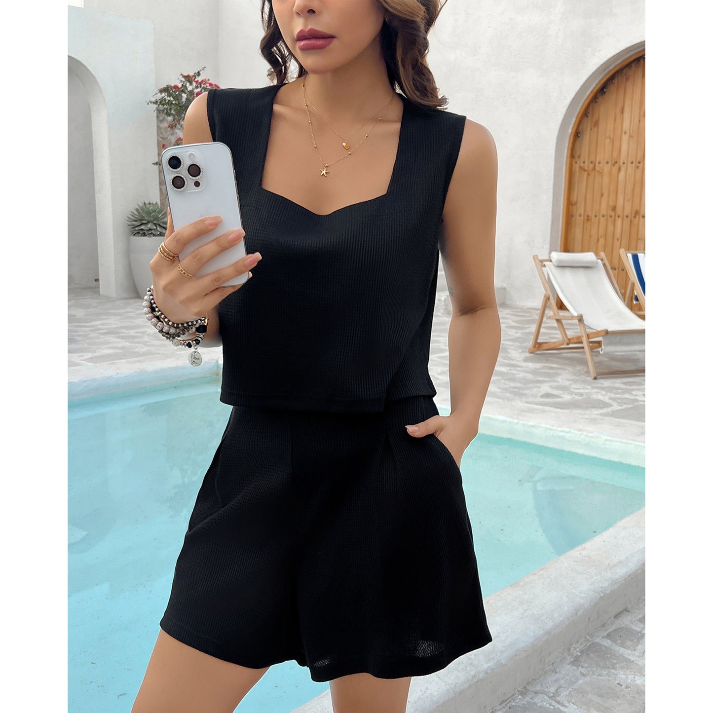 Women's Lounge Set 2-Piece Shorts Outfit Square Collar Vest Top Shirts High-Waisted Shorts with Pockets Loungewear Summer Black