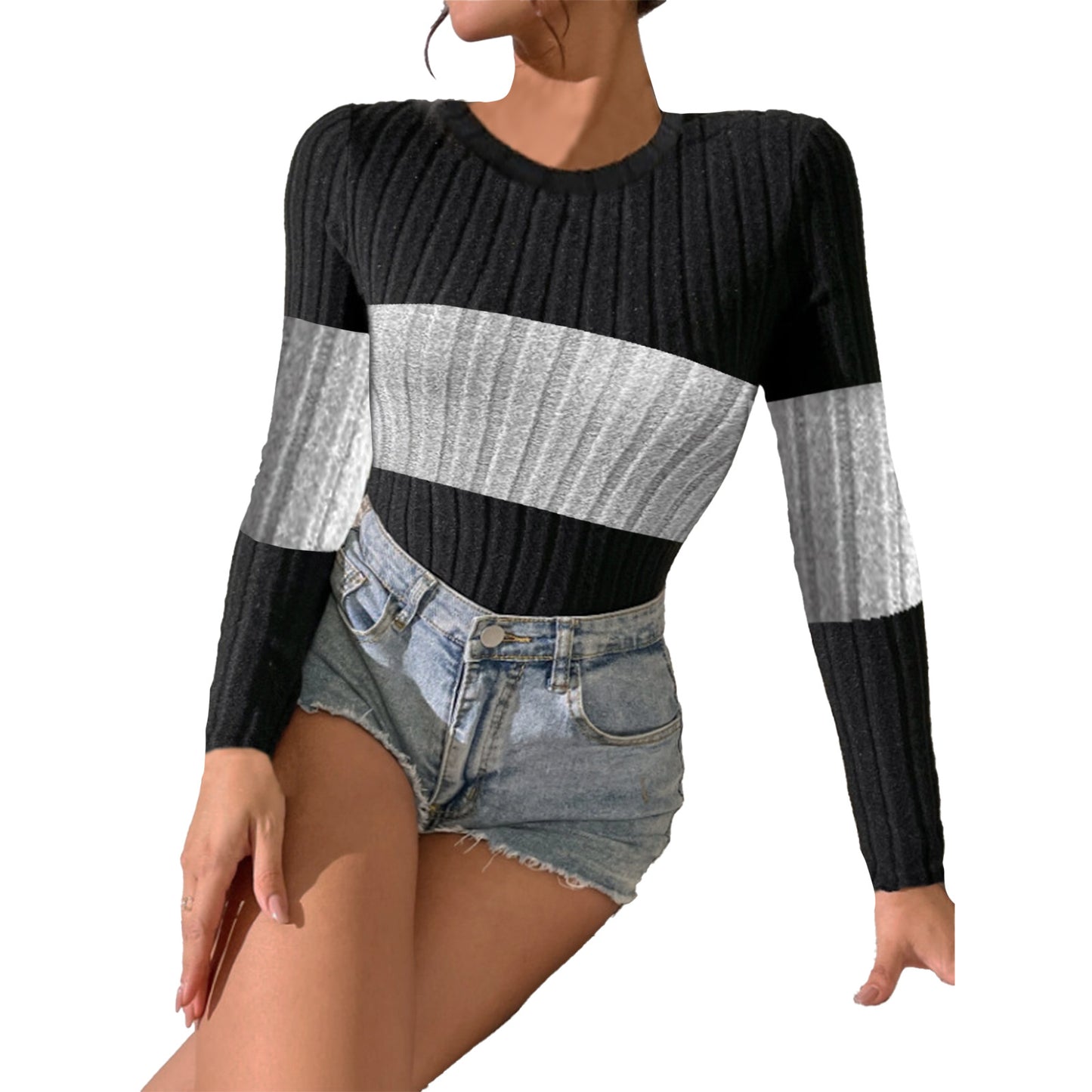 Womens Bodysuit Tummy Control Body Suit Long Sleeve Crew Neck Ribbed Color Block Shirt Tops Black Grey