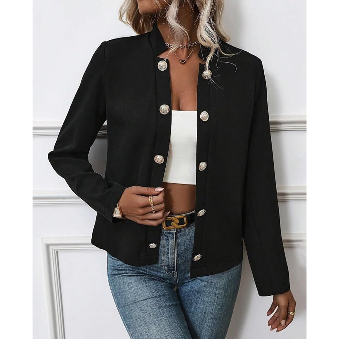 Women's Jacket Fall Fashion Open Front Blazer Lightweight Solid Color Long Sleeve Button Jacket Shirts for Business Trendy Casual Tops (Black)