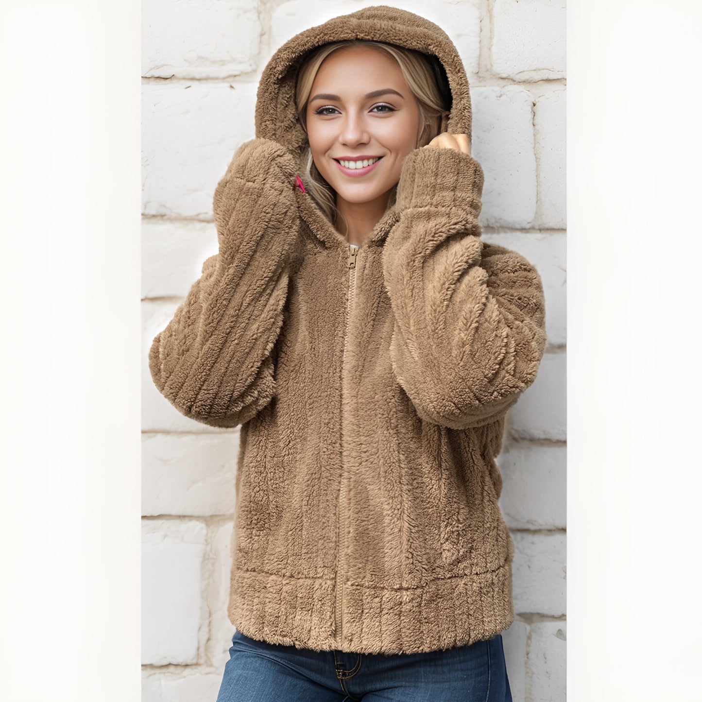 MLDRA Women's Jacket Faux Fur Winter Coat Hoodie Fleece Long Sleeve with Zip Up Warm with Pockets