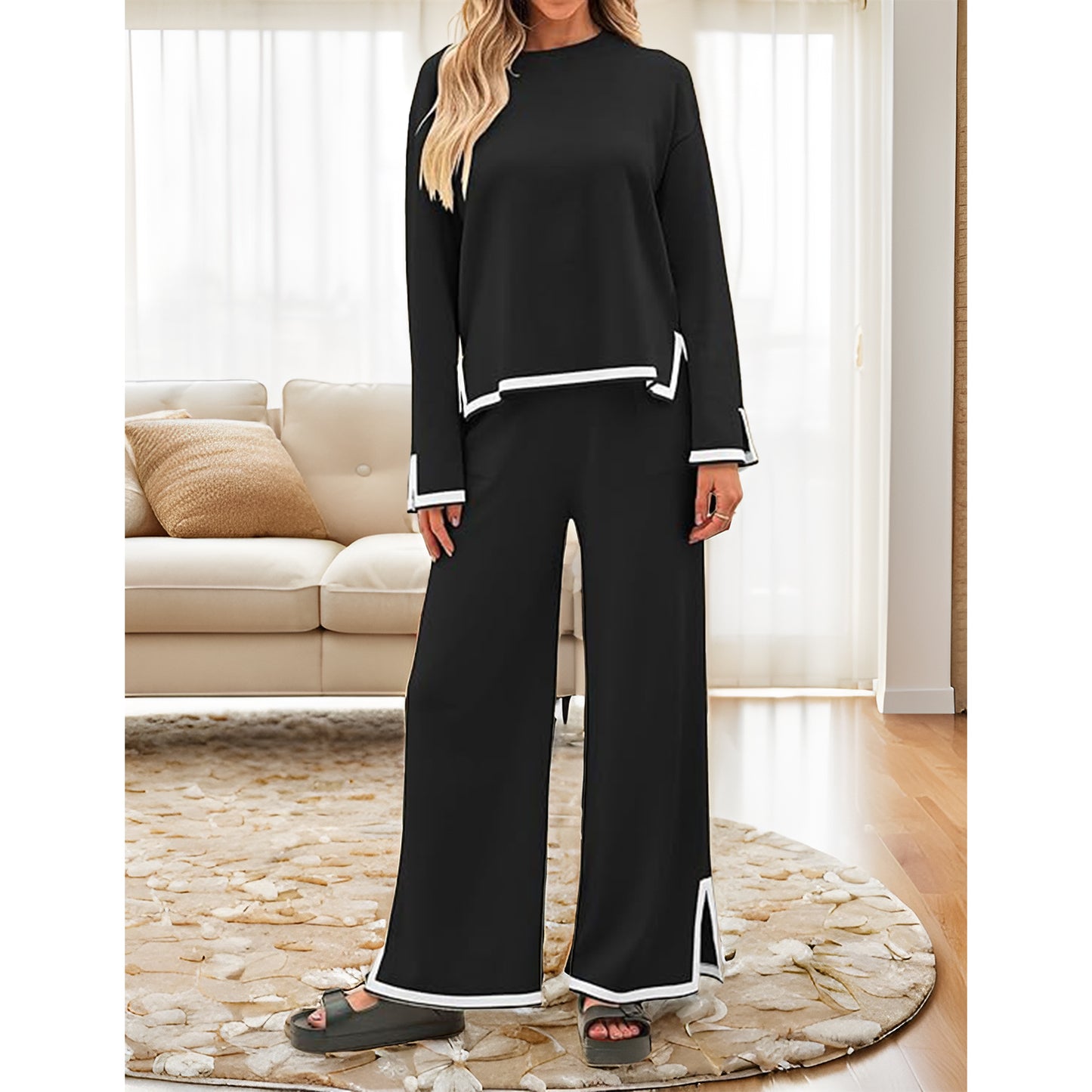 MLDRA Womens Pajamas Set Pjs Long Sleeve Crew Neck Lounge Wear Top with Long Pants 2 Piece Sleepwear