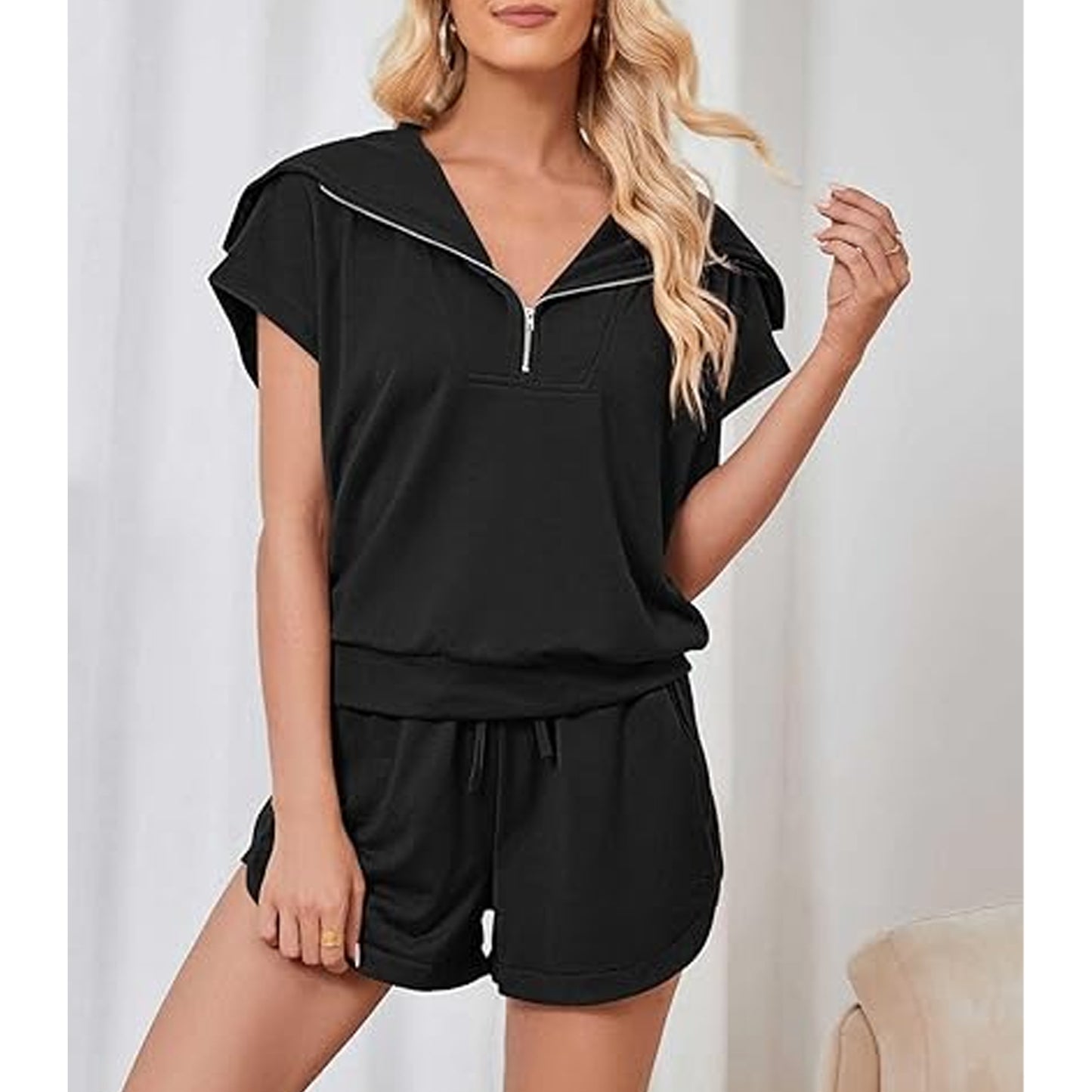 Women Two Piece Lounge Set Outfit Sweat Short Set Summer Sweatshirt Yoga Workout Short Sleeve V Neck Top Elastic High Waist Shorts Tracksuit Leisure Suit Black