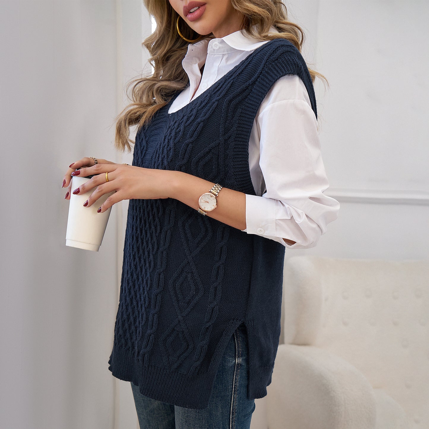 MLDRA Womens Sweater Vest Knitted V Neck Sleeveless Pullover Knitwear Waistcoat Vintage Solid Top