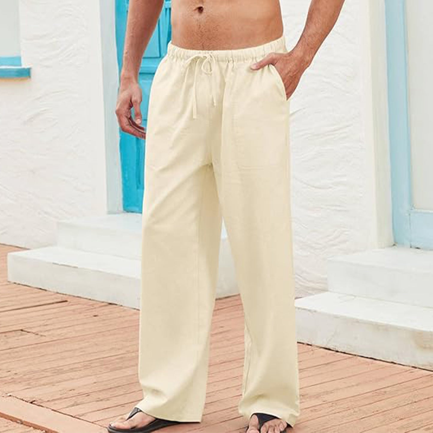Men's Linen Pants Drawstring Slim Fit Elastic Waist Wide Leg Trousers Lightweight Beach Summer Pants