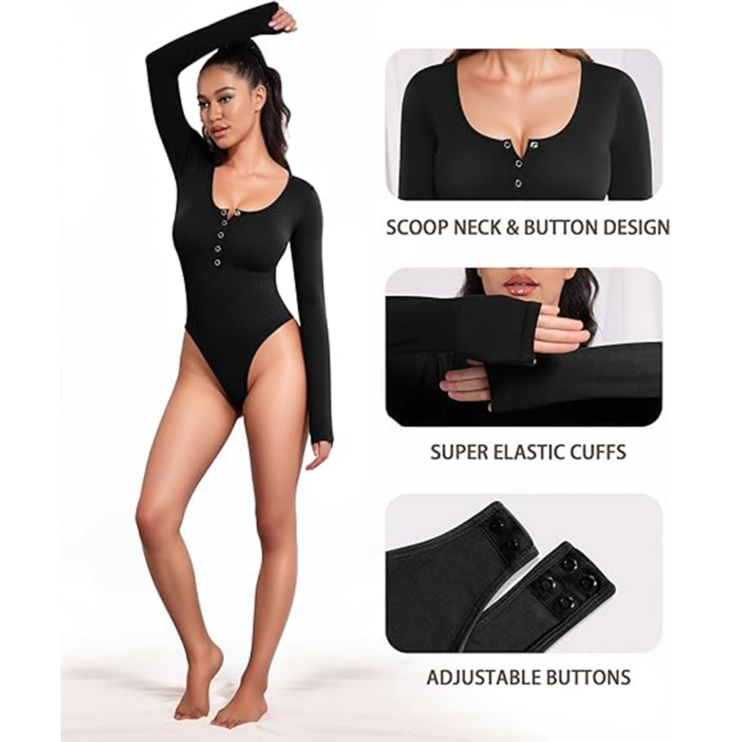 Bodysuits Tummy Control Long Sleeve Body Suit Crew Neck Ribbed Button Down for Women Black