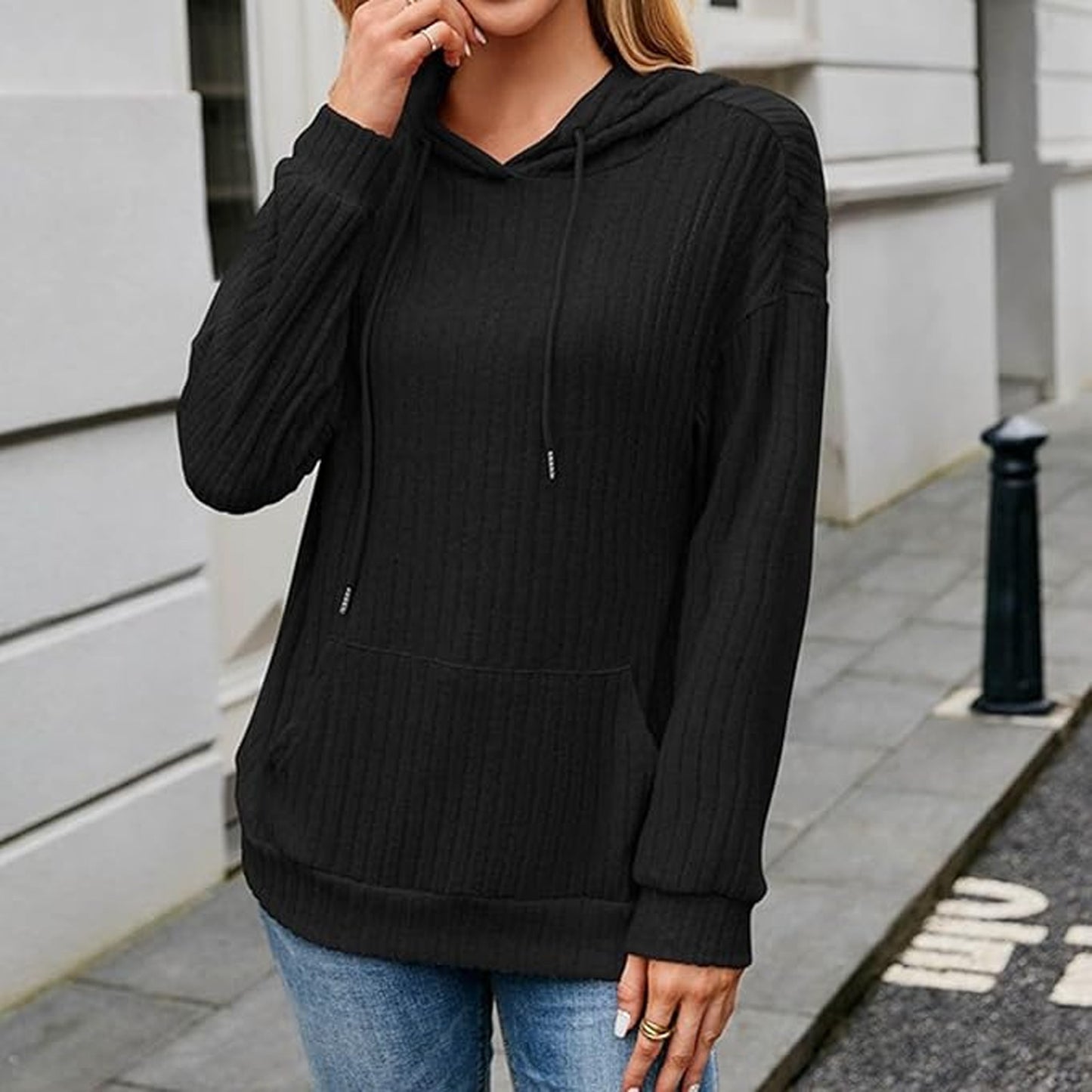 MLDRA Womens Hoodies Knit Sweatshirt Pit Stripe Pocket Drawstring Long Sleeve Pullover Outerwear Top