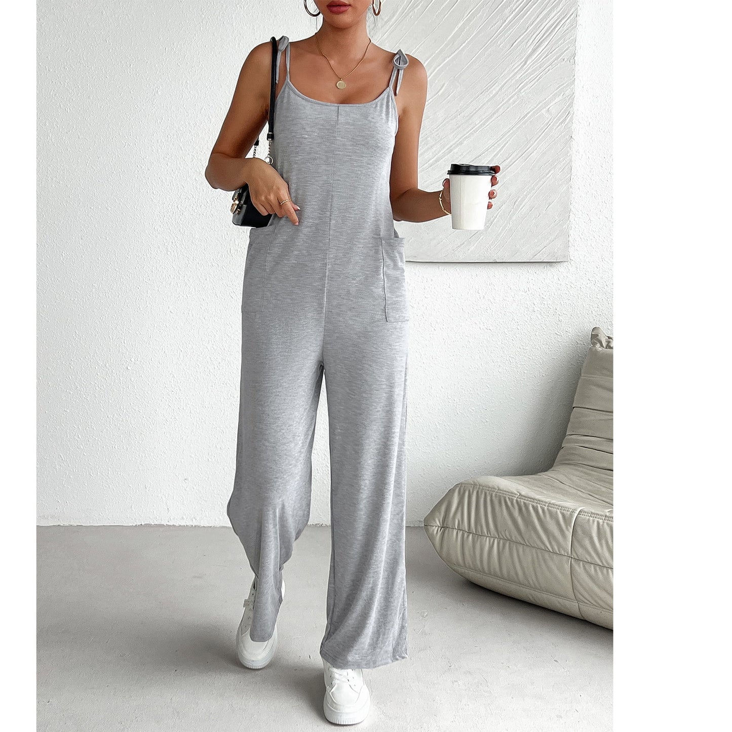 MLDRA Women's Sleeveless Jumpsuits Loose Casual Overalls Rompers Adjustable Spaghetti Straps Long Pants with Pockets