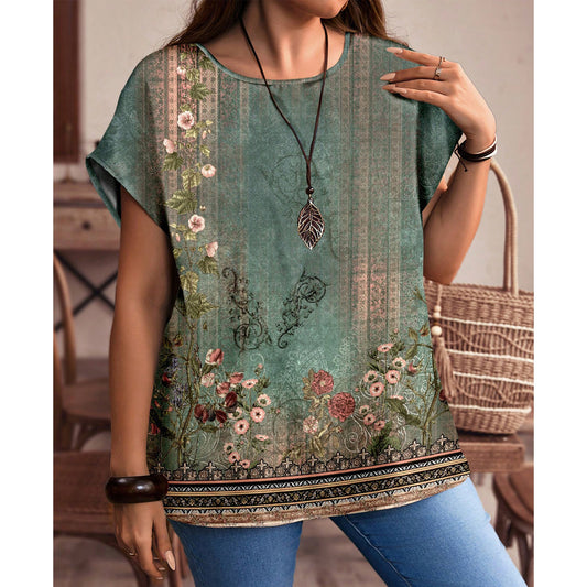 SOMER Plus Size Tops For Women Vintage Floral Print Loose Short Sleeve T-Shirt Casual Summer Crew Neck Top