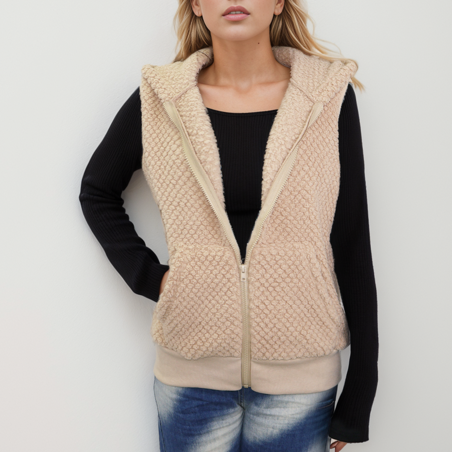 Womens Vest Sherpa Jacket Cardigan Fuzzy Fleece Cardigan Furry Sleeveless Top with Zipper Pockets Warm Cozy Gilet Outerwear