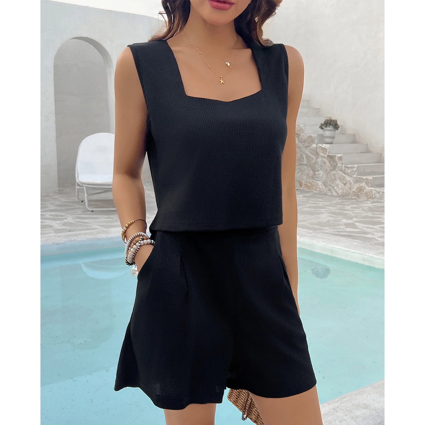 Women's Lounge Set 2-Piece Shorts Outfit Square Collar Vest Top Shirts High-Waisted Shorts with Pockets Loungewear Summer Black