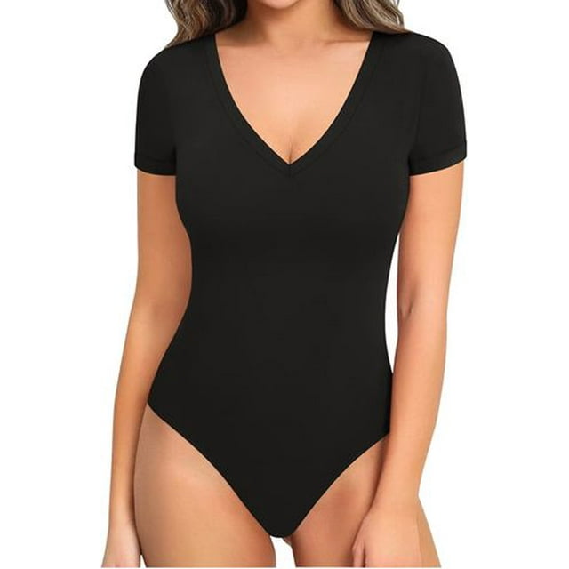 2 Pack Body Suit Tummy Control Bodysuit Deep V Neck Short Sleeve Tops Black Bodysuits for Women (Black+White)