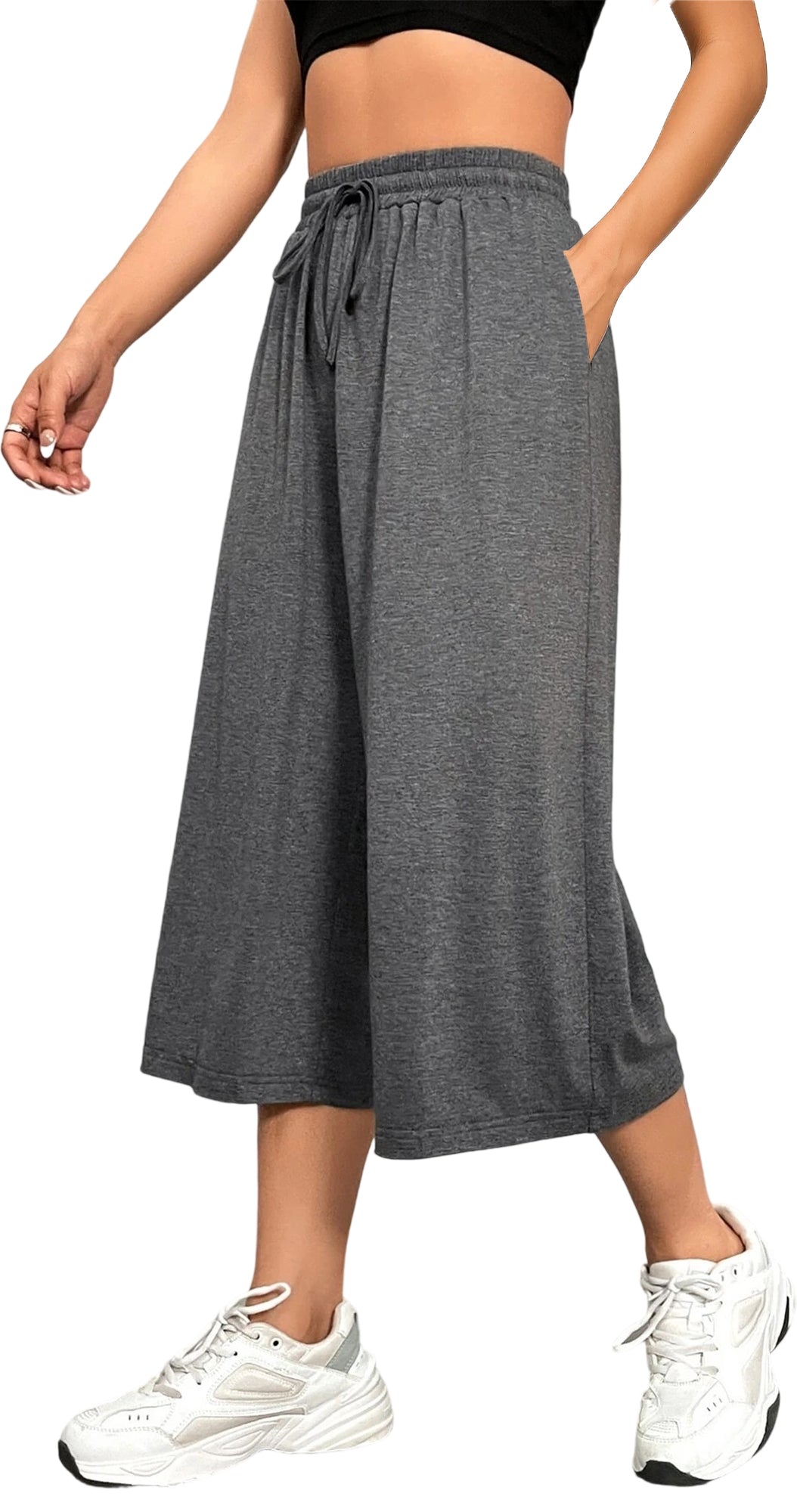 MLDRA Womens Capri Pants Loose High Waisted Wide Leg Lounge Pants Drawstring Casual Palazzo Trousers with Pockets