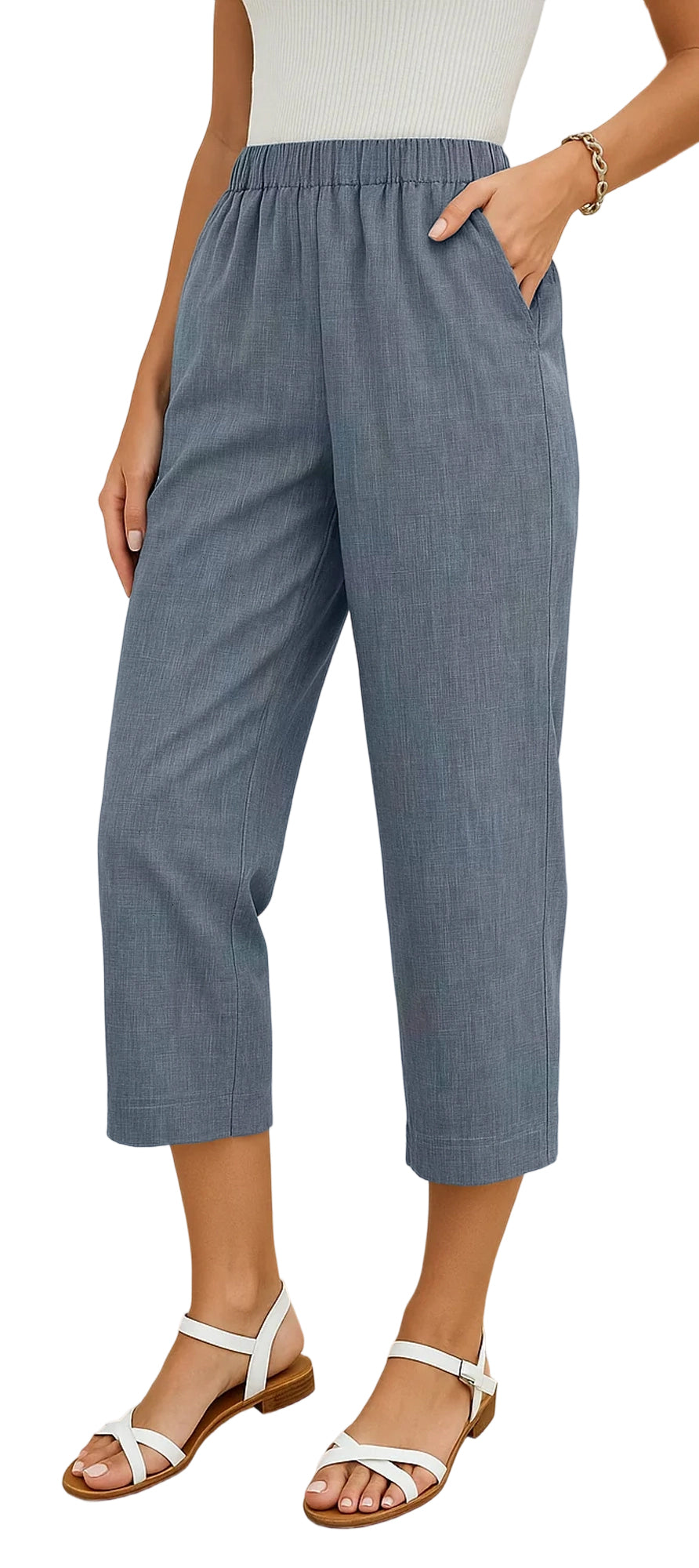 MLDRA Womens Capri Linen Cropped Pants Loose Fit Wide Leg Yoga Casual Elastic Waist Trousers with Pockets Blue