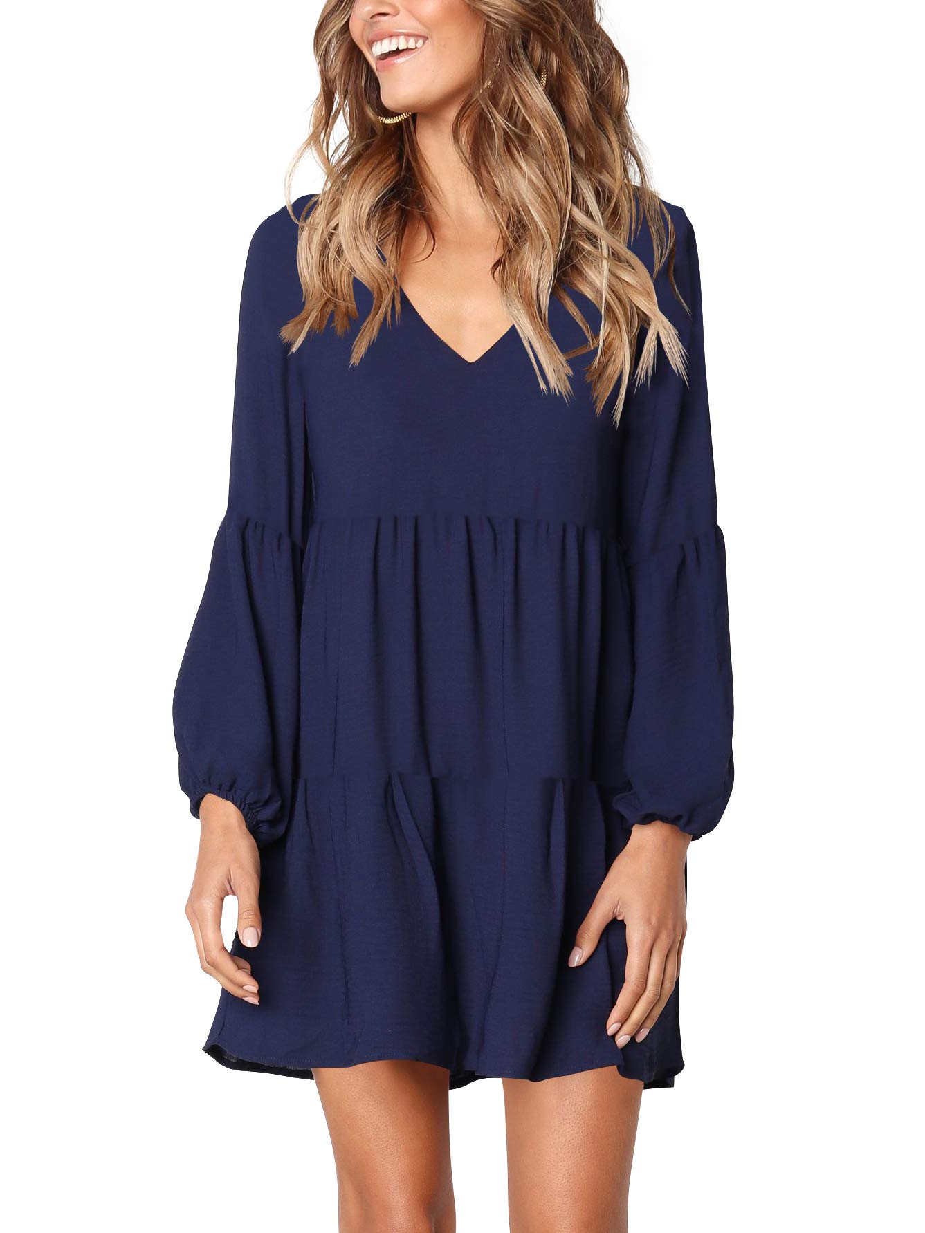MLDRA Dresses for Women Long Sleeve Dress for Women Navy Blue V Neck Loose Flowing A Line Cute Casual Mini Dress with Pocket Spring