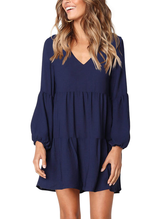 MLDRA Dresses for Women Long Sleeve Dress for Women Navy Blue V Neck Loose Flowing A Line Cute Casual Mini Dress with Pocket Spring