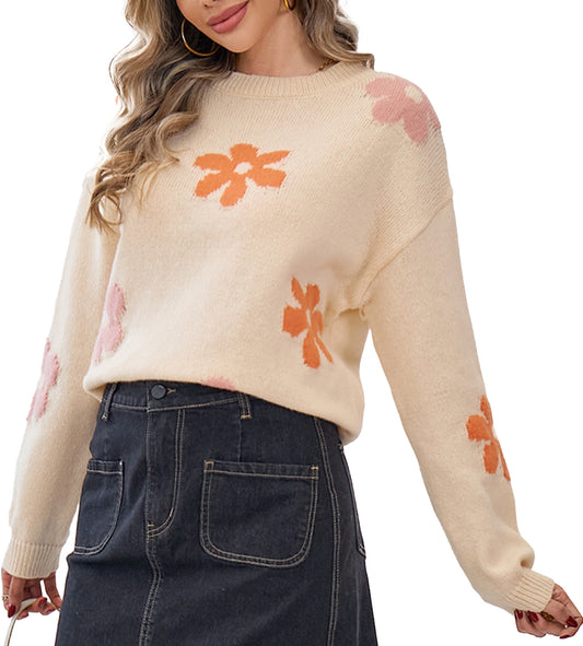 Womens Sweaters Long Sleeve Crewneck Floral Pattern Knit Casual Drop Shoulder Pullover Tops