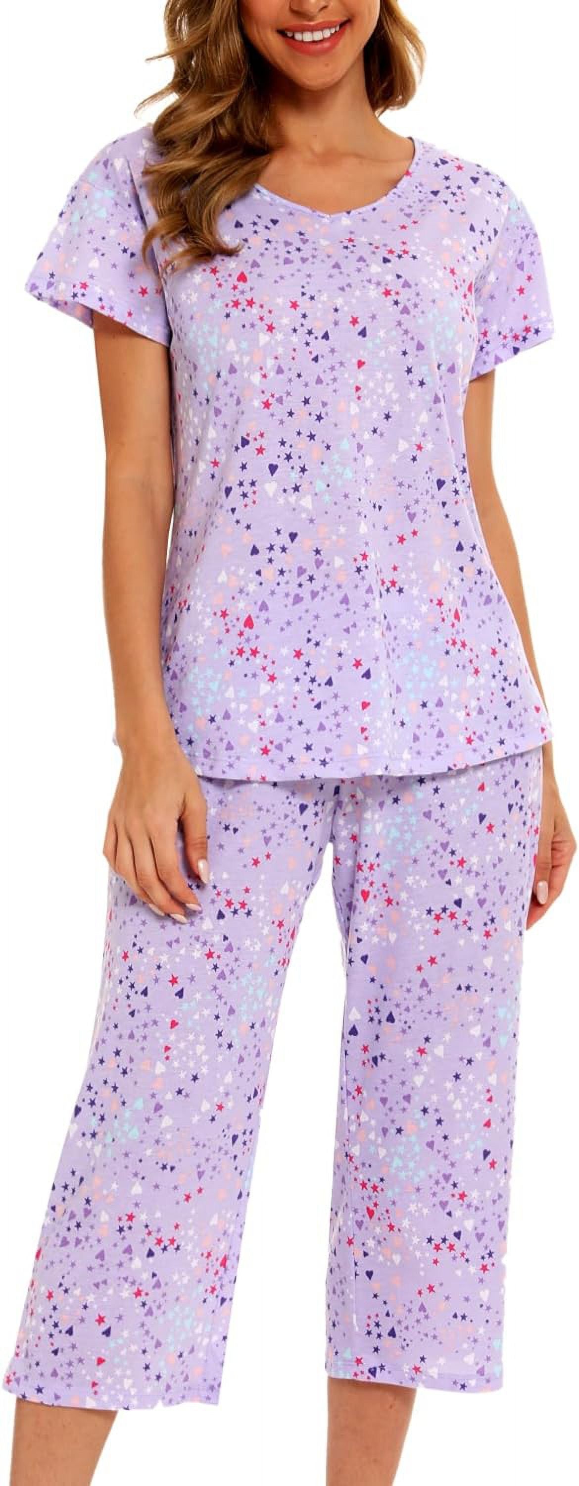 MLDRA Womens Pajama Sets 2 Piece Cotton Lounge Set Lightweight Pj Set Short Sleeve Tops With Capri Pants Cute Ladies Sleepwear Summer Set
