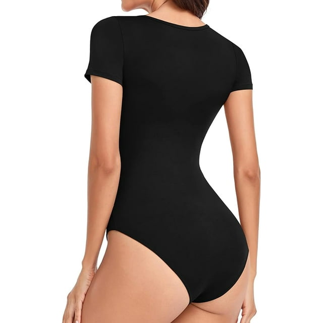 2 Pack Body Suit Tummy Control Bodysuit Deep V Neck Short Sleeve Tops Black Bodysuits for Women (Black+White)