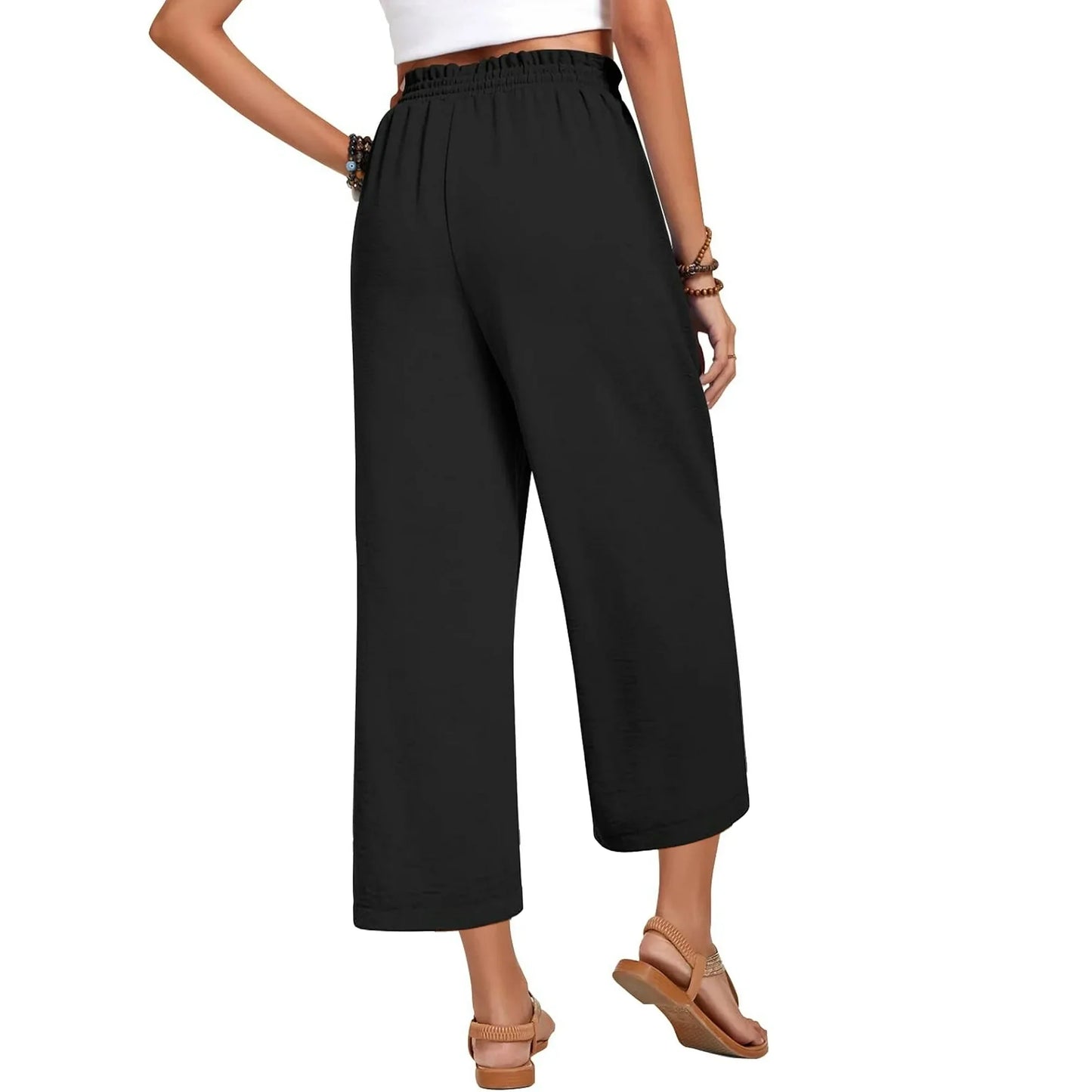 MLDRA Womens Capri Yoga Wide Leg Pant Sweatpants Palazzo Leggings Lounge Workout Cropped Work Loose High Waisted Drawstring Pajama with Pockets Summer Fall Lightweight Thin Black