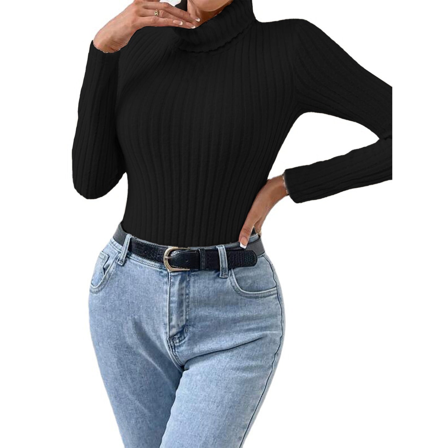 MLDRA Womens Bodysuit Tummy Control Long Sleeve Turtle Neck Ribbed Knit Stretchy Slim Fit Tops Black