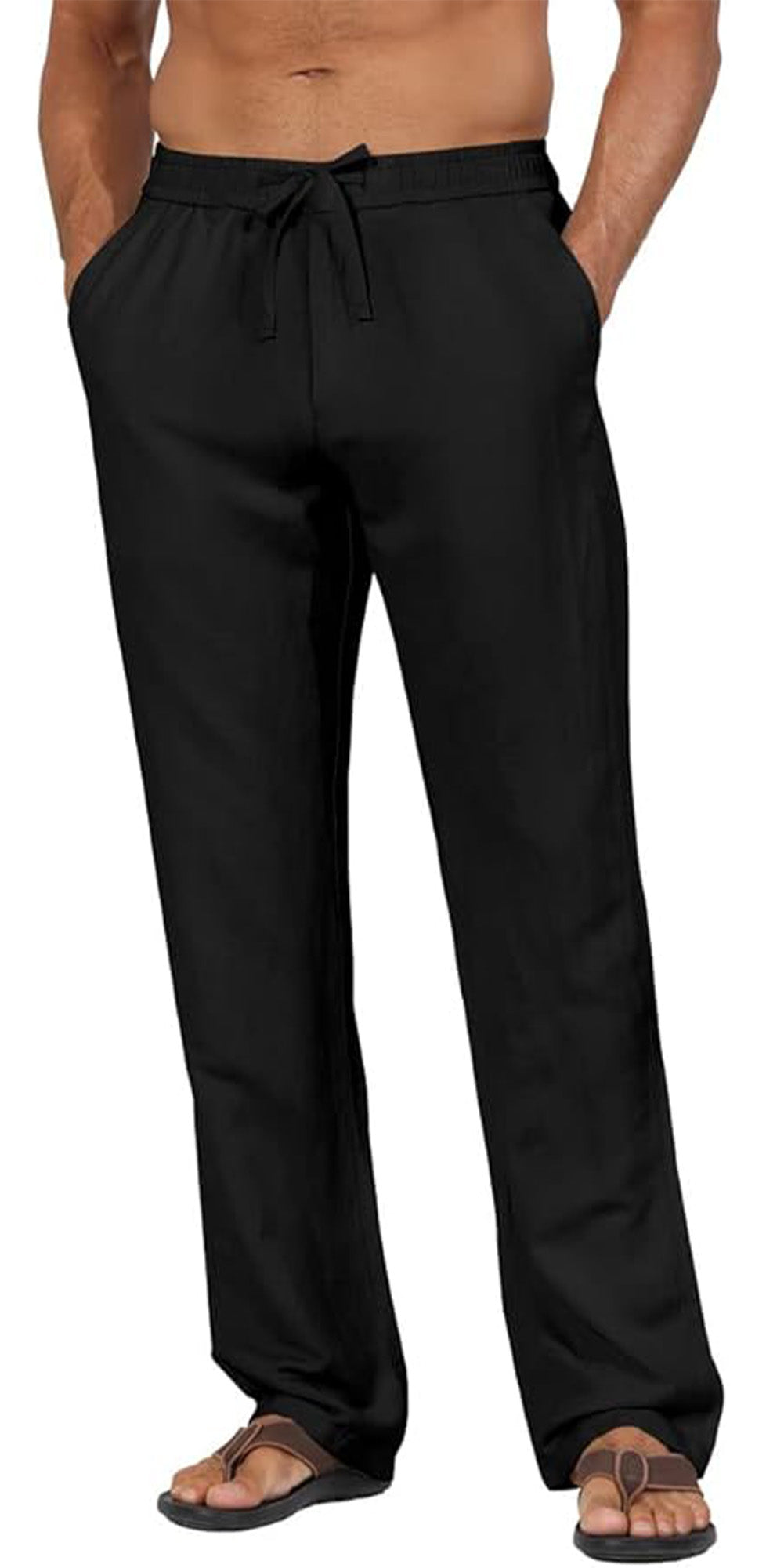 Men's Linen Pants Drawstring Slim Fit Elastic Waist Wide Leg Trousers Lightweight Beach Summer Pants