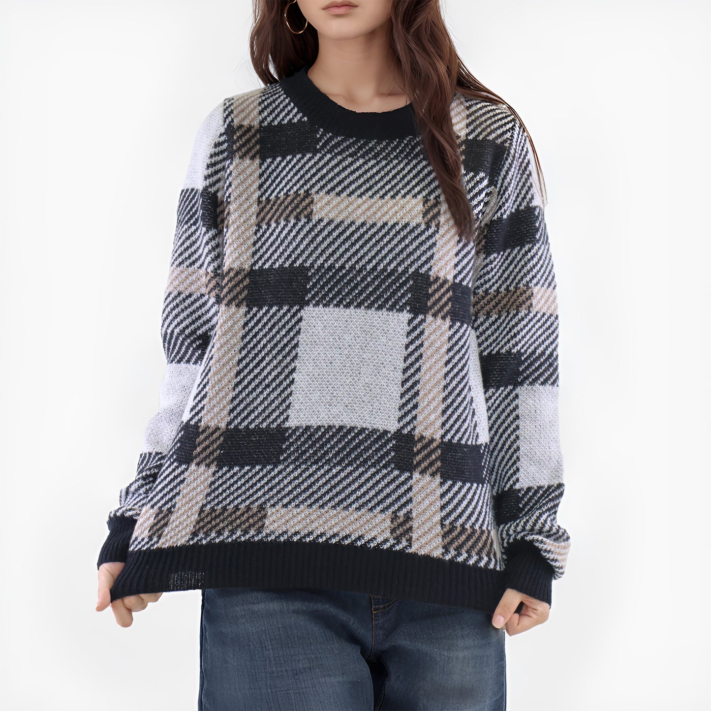 Womens Sweaters Plaid Knit Long Sleeve Crewneck Color Block Casual Pullover Top Clothes