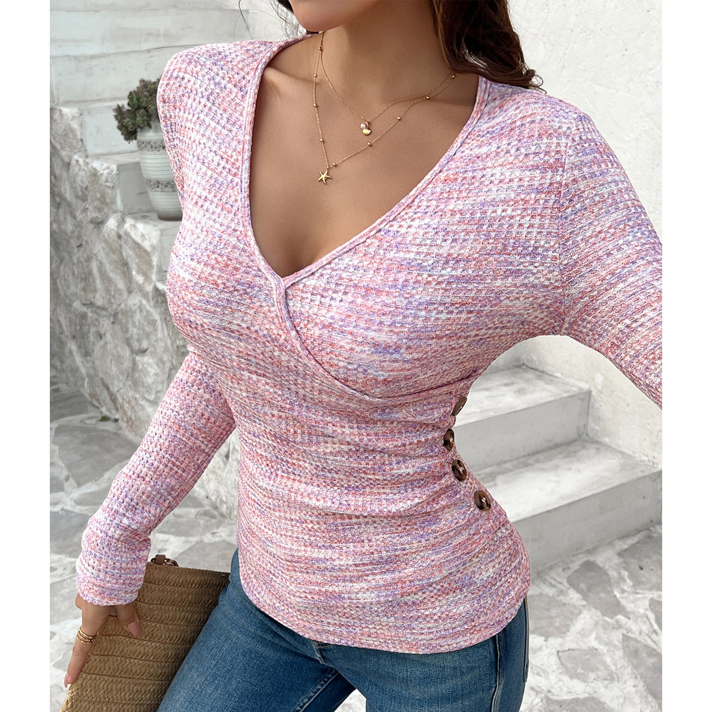 Fall Tops for Women T Shirts V-Neck Long Sleeve Fashion Plain Button Design Casual Slim Fit Tee Tunic Tops