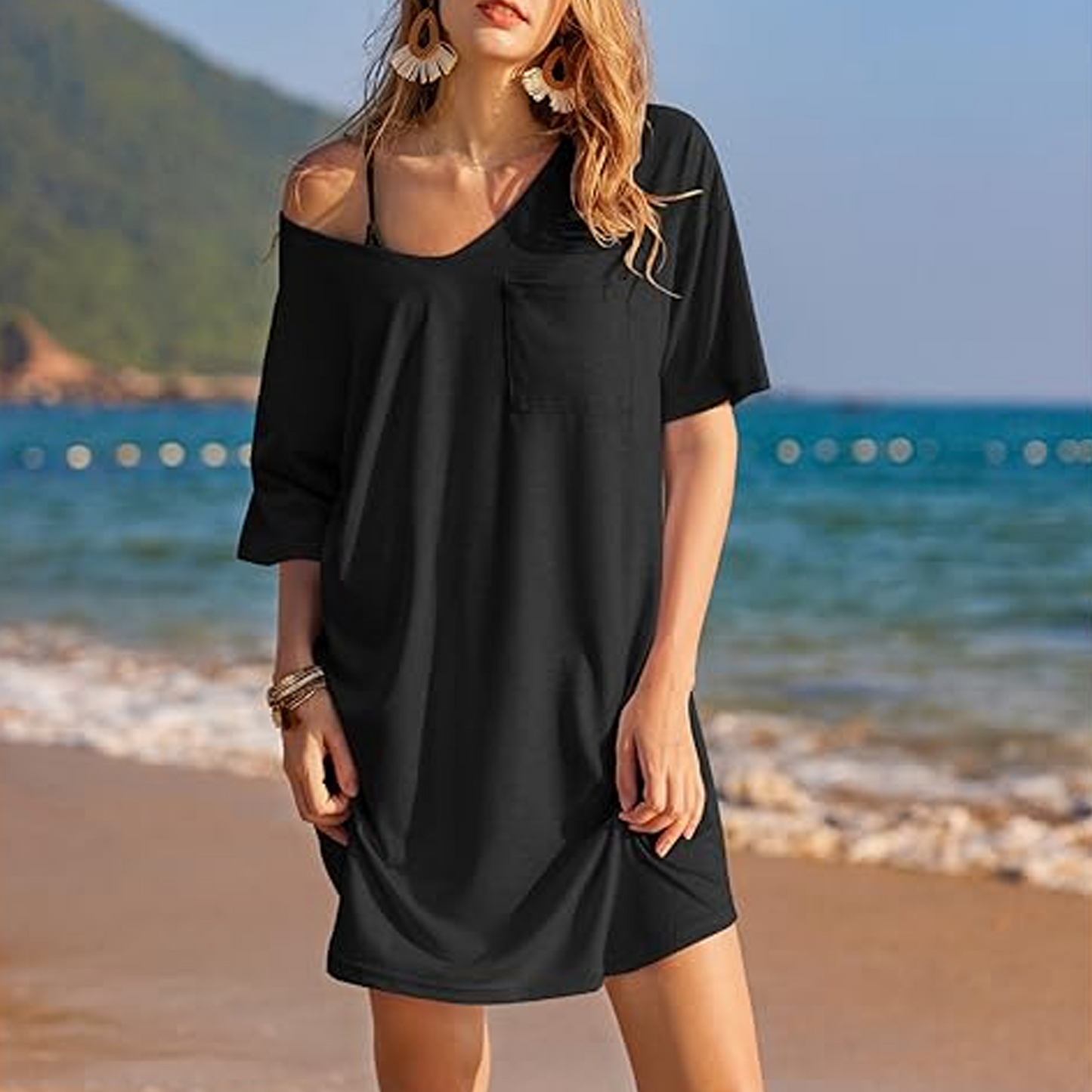 MLDRA Nightgowns for Women Sleepshirt Pajama Dress Loungewear Deep V Neck Nightshirt Casual Loose Comfy Sleepwear Black