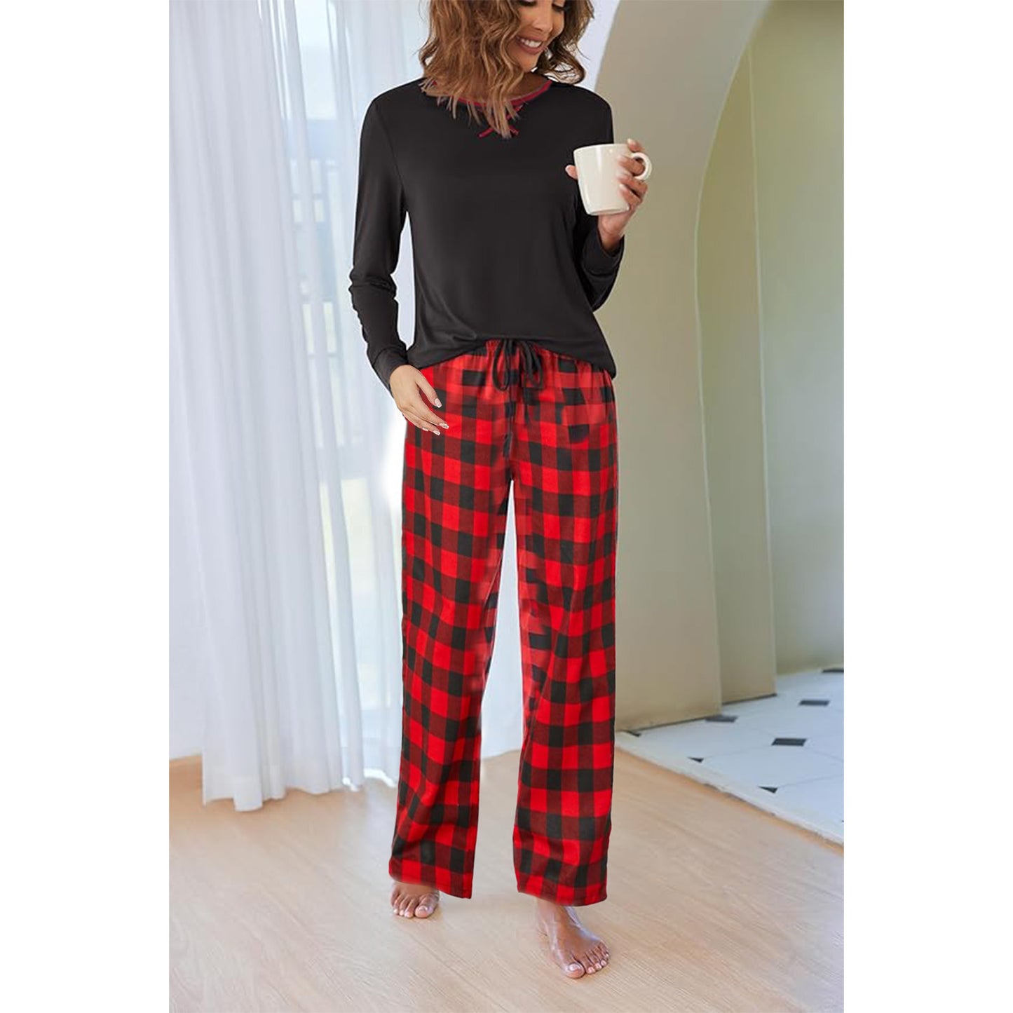 MLDRA Women's Long Sleeve Plaid Pajama Set - Comfy Loose Fit 2-Piece Loungewear Sleepwear