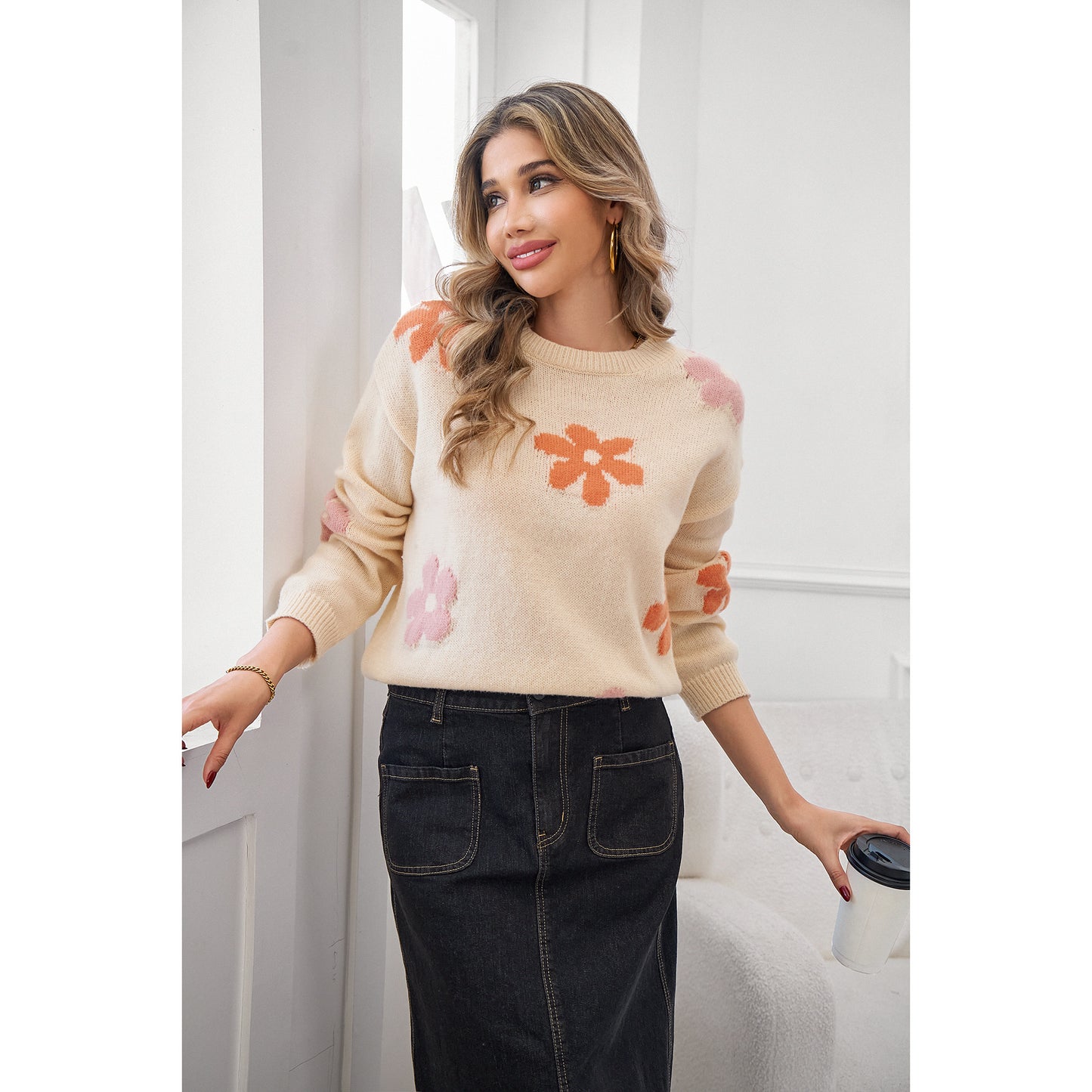 Womens Sweaters Long Sleeve Crewneck Floral Pattern Knit Casual Drop Shoulder Pullover Tops
