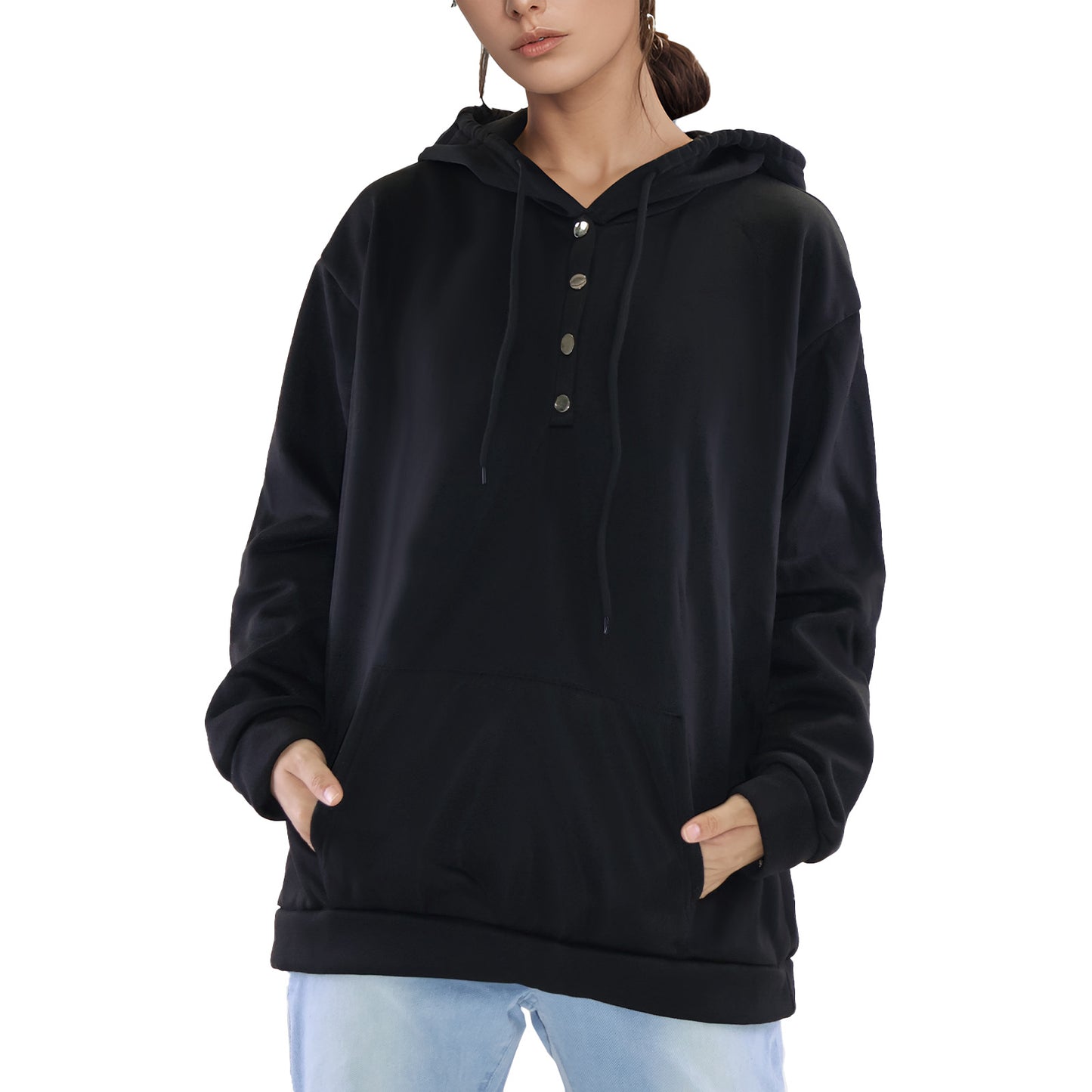MLDRA Womens Hoodies Sweatshirts V Neck Long Sleeve Button Down Pullover Top Drawstring with Pocket
