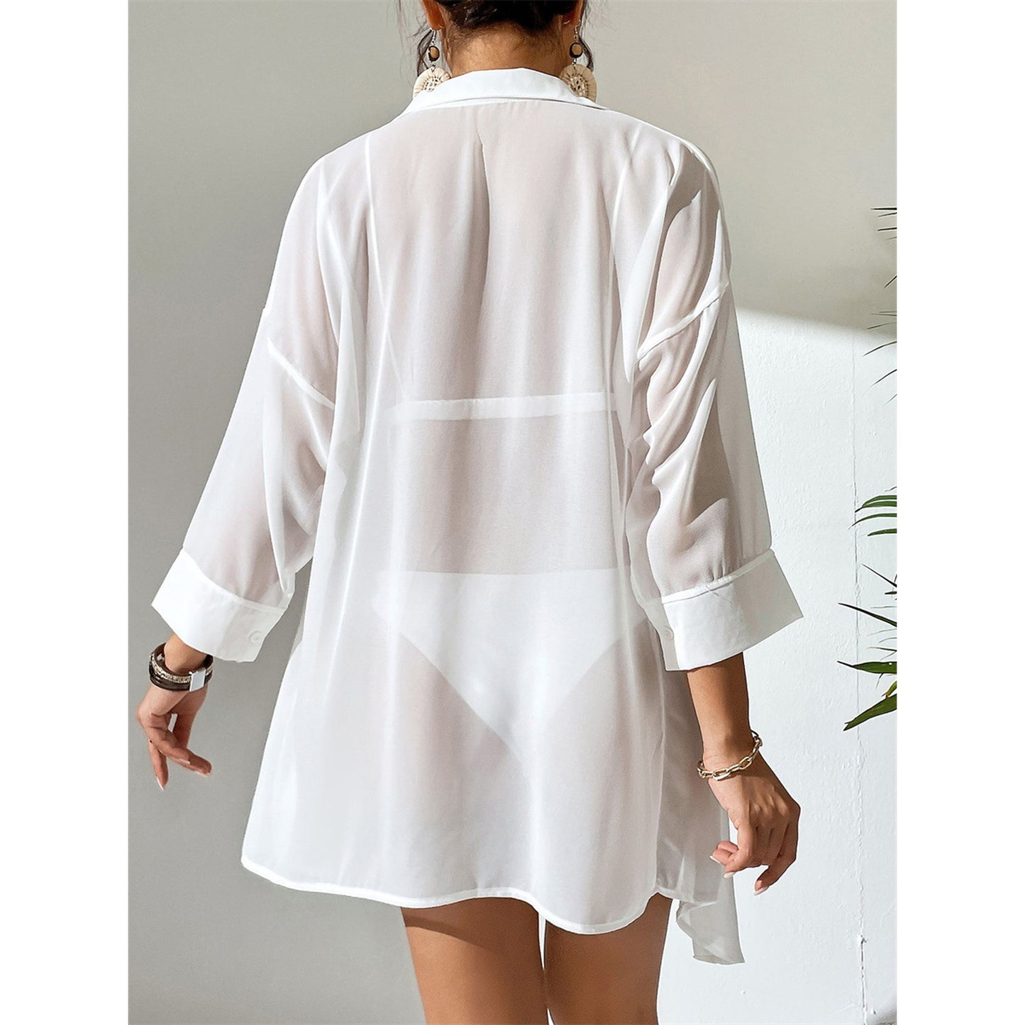 Visit the MLDRA Store MLDRA Swimsuit Coverup for Women Beach Bikini Cover-Up Loose Button-Down Sleeve V Neck Shirts for Women Bathing Suit Cover Up Summer White Tops
