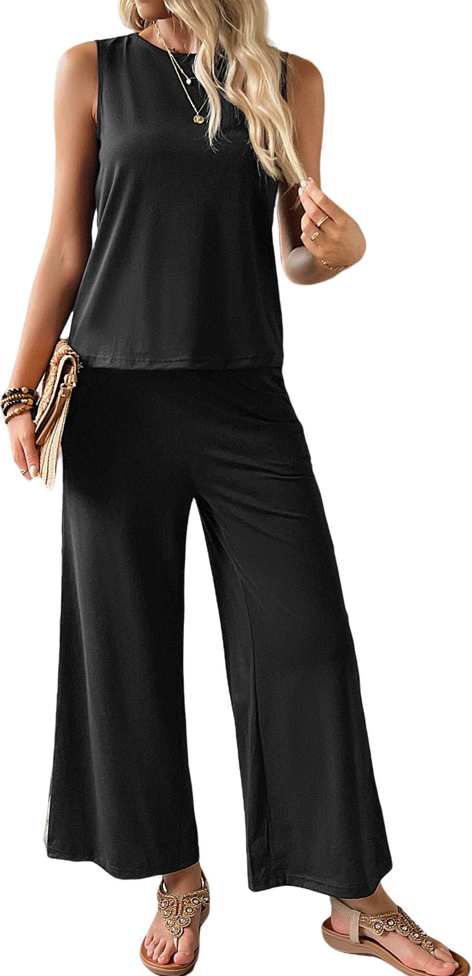 Women's Two-Piece Lounge Set Summer Beach Suit Vacation Travel Going Out Outfit Sleeveless Tank Vest Top High Waist Wide Leg Pants Sexy Leisure Set Black