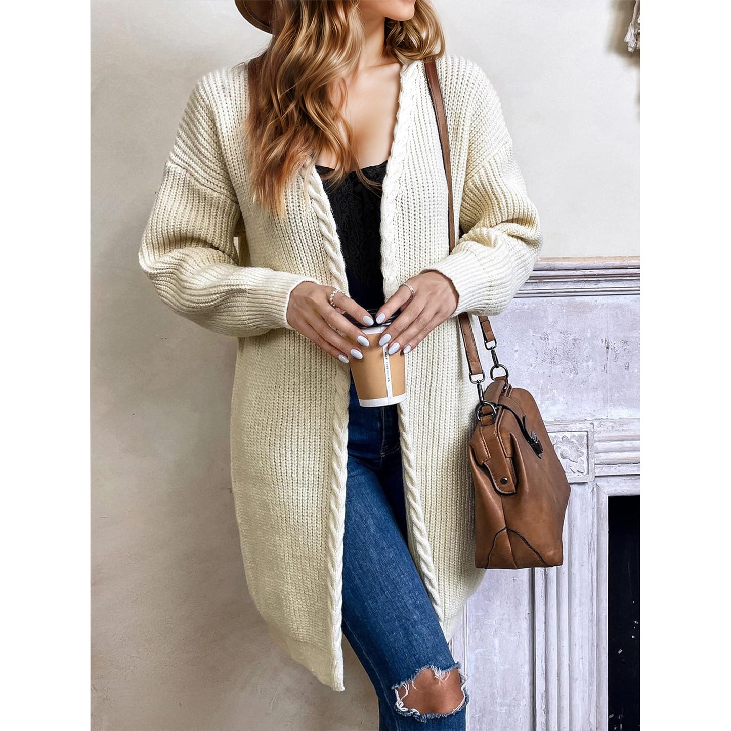 Womens Long Cardigan Sweaters Open Front White Chunky Cable Knit Duster Drop Shoulder Comfy Cardigan
