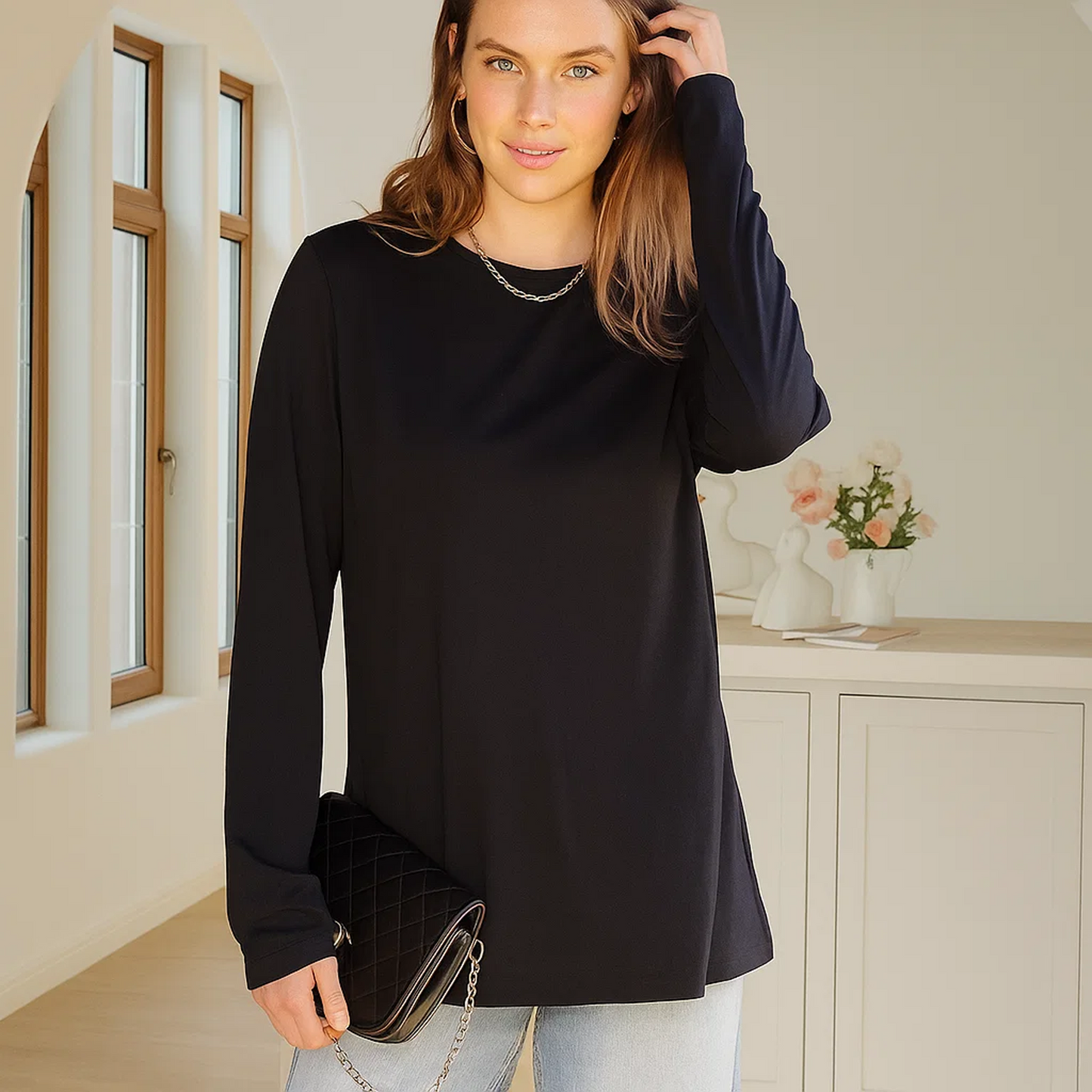 MLDRA T Shirts for Women Long Sleeve Shirts Crewneck Comfy Casual Basic Fall Tops Loose Fit Clothes
