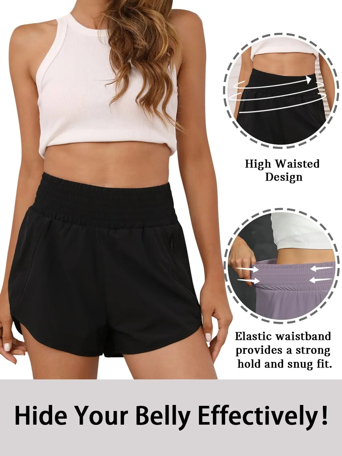 MLDRA Running Shorts for Women Athletic Shorts for Women High Waisted with Zipper Pocket and Built-in Liner Black Gym Elastic Workout Shorts